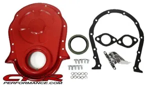 1966-90 CHEVY BIG BLOCK 396-402-427-454 STEEL TIMING CHAIN COVER SET W- TIMING TAB - ORANGE