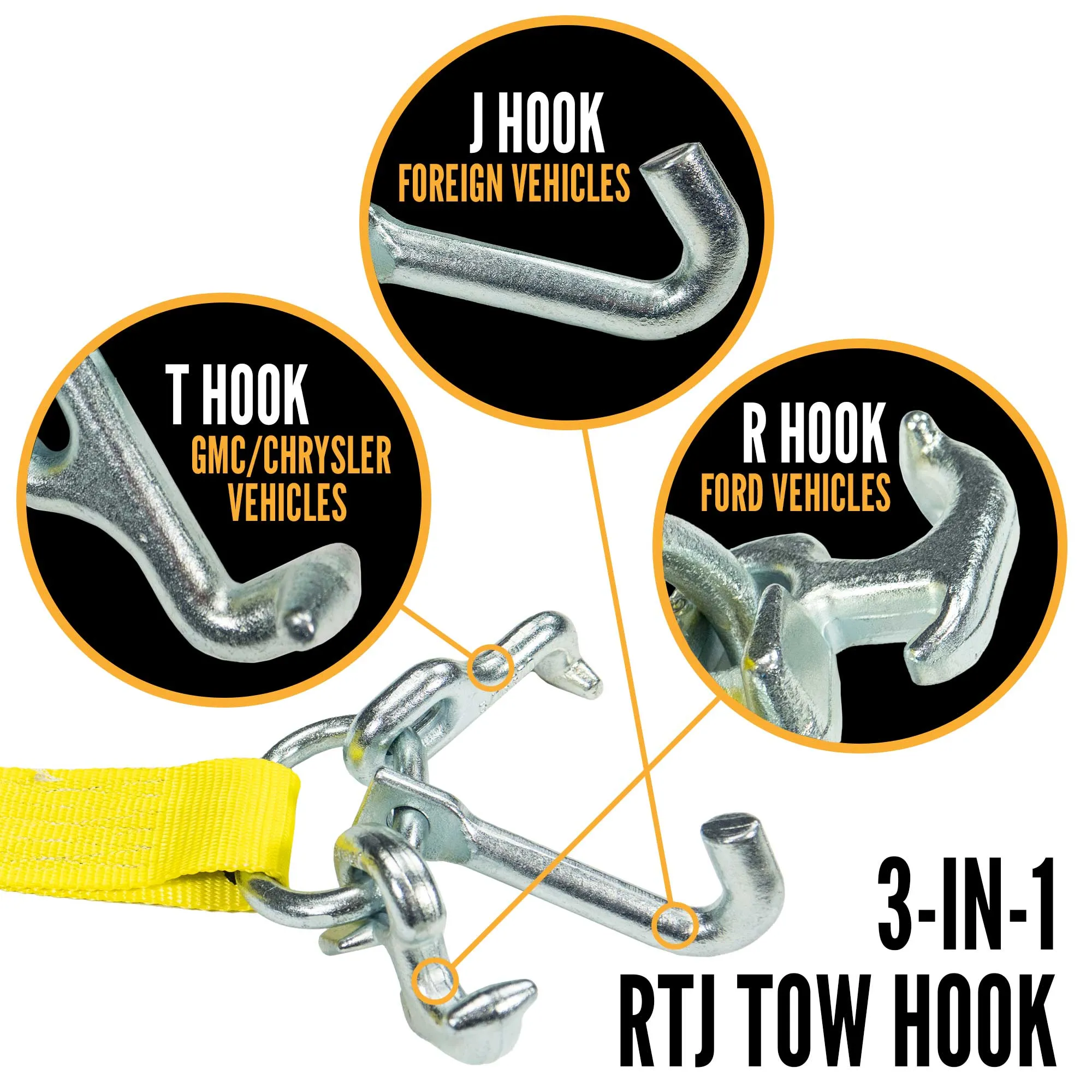 2" x 15' Replacement Tow Strap with RTJ Cluster Hooks | Yellow