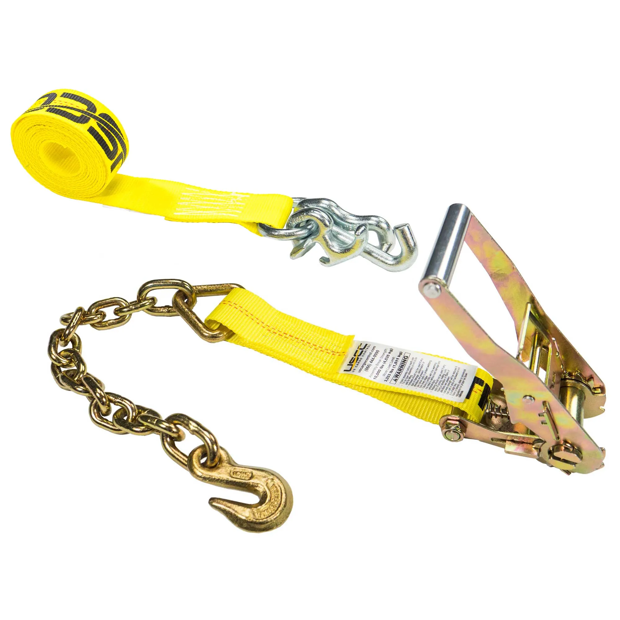 2" x 15' Tow Truck Ratchet Strap - Chain Extension / RTJ Cluster Hook | Yellow
