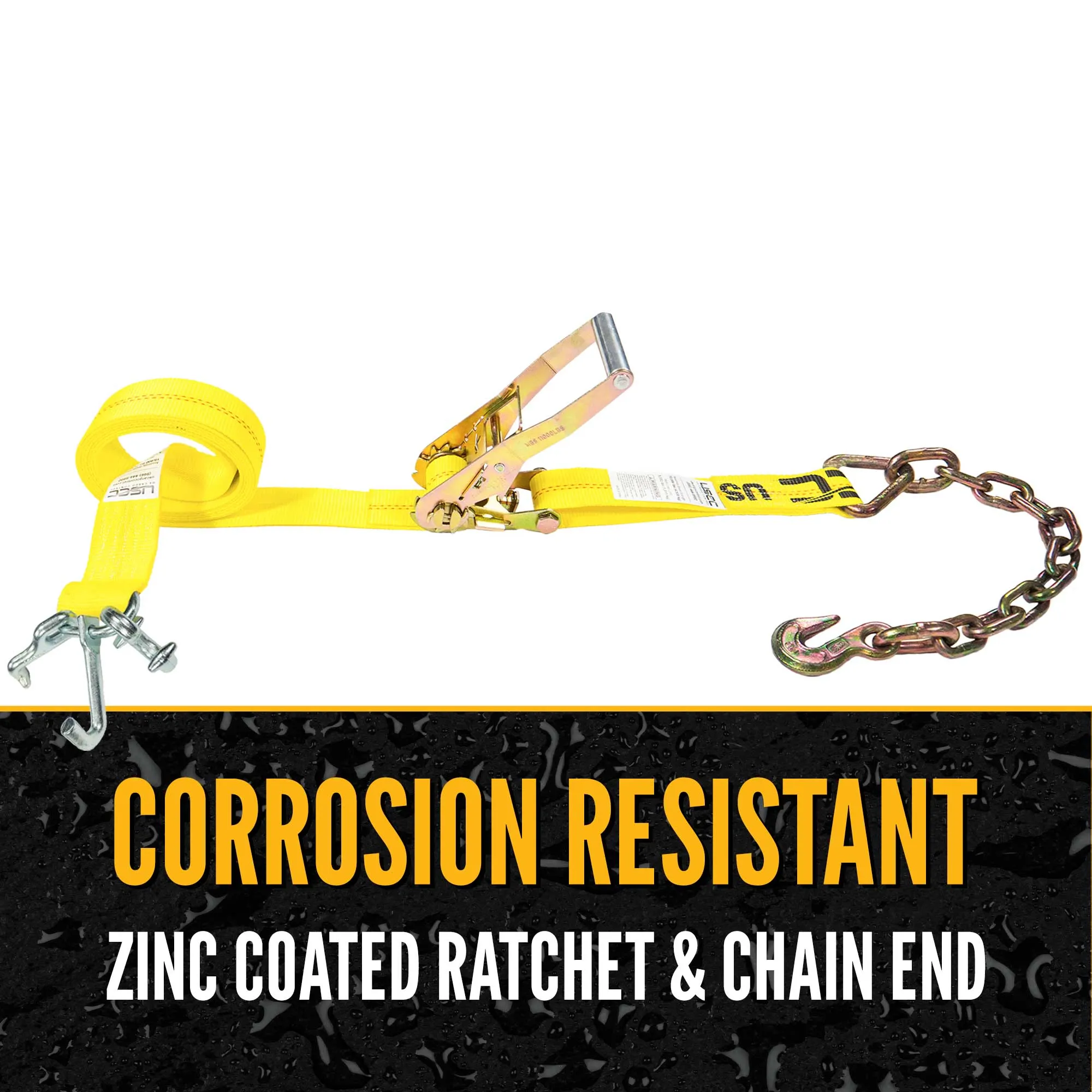 2" x 15' Tow Truck Ratchet Strap - Chain Extension / RTJ Cluster Hook | Yellow
