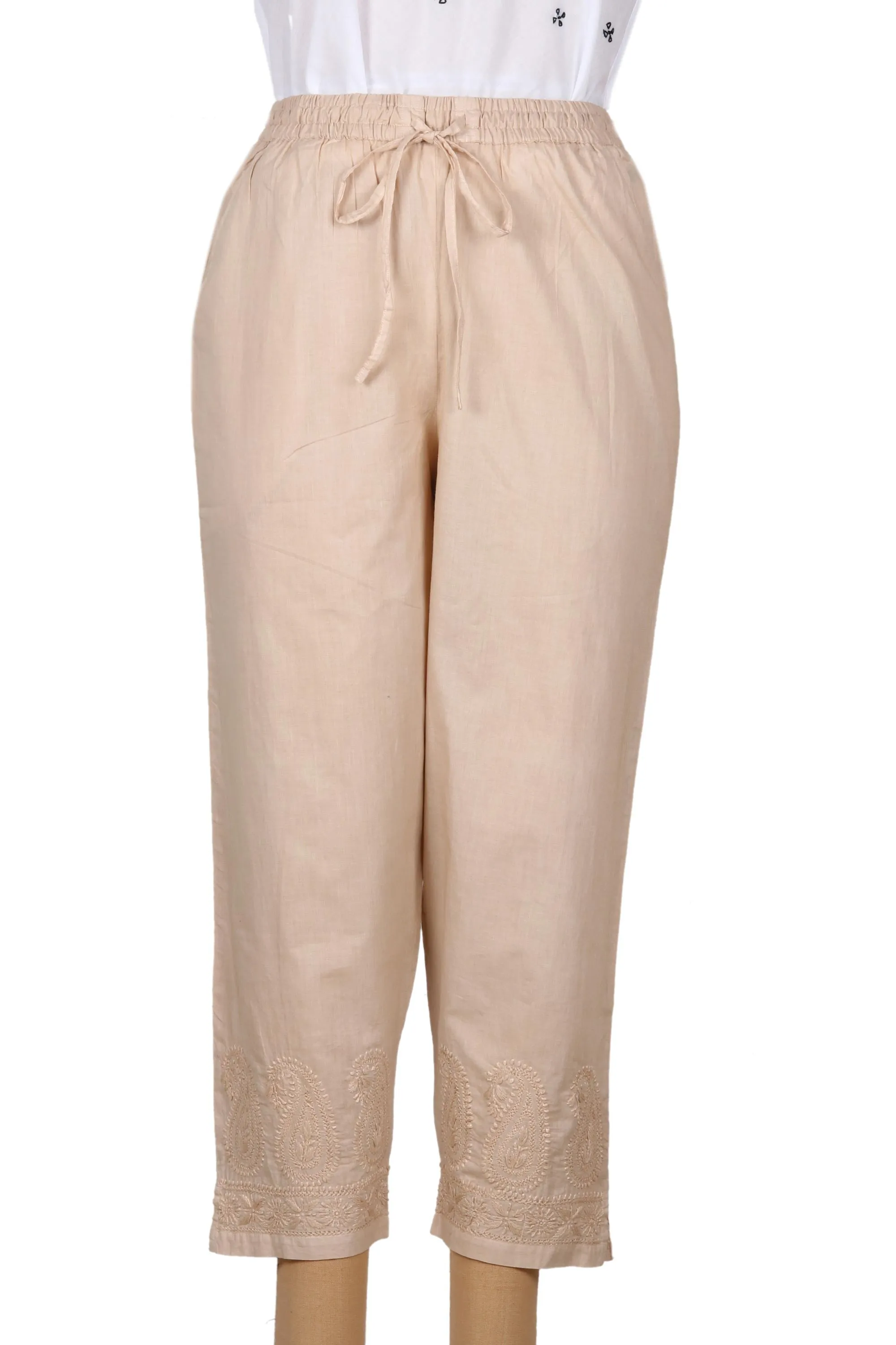 All Cotton Embroidered Cropped Pants with Drawstring Waist - Paisley Days | NOVICA