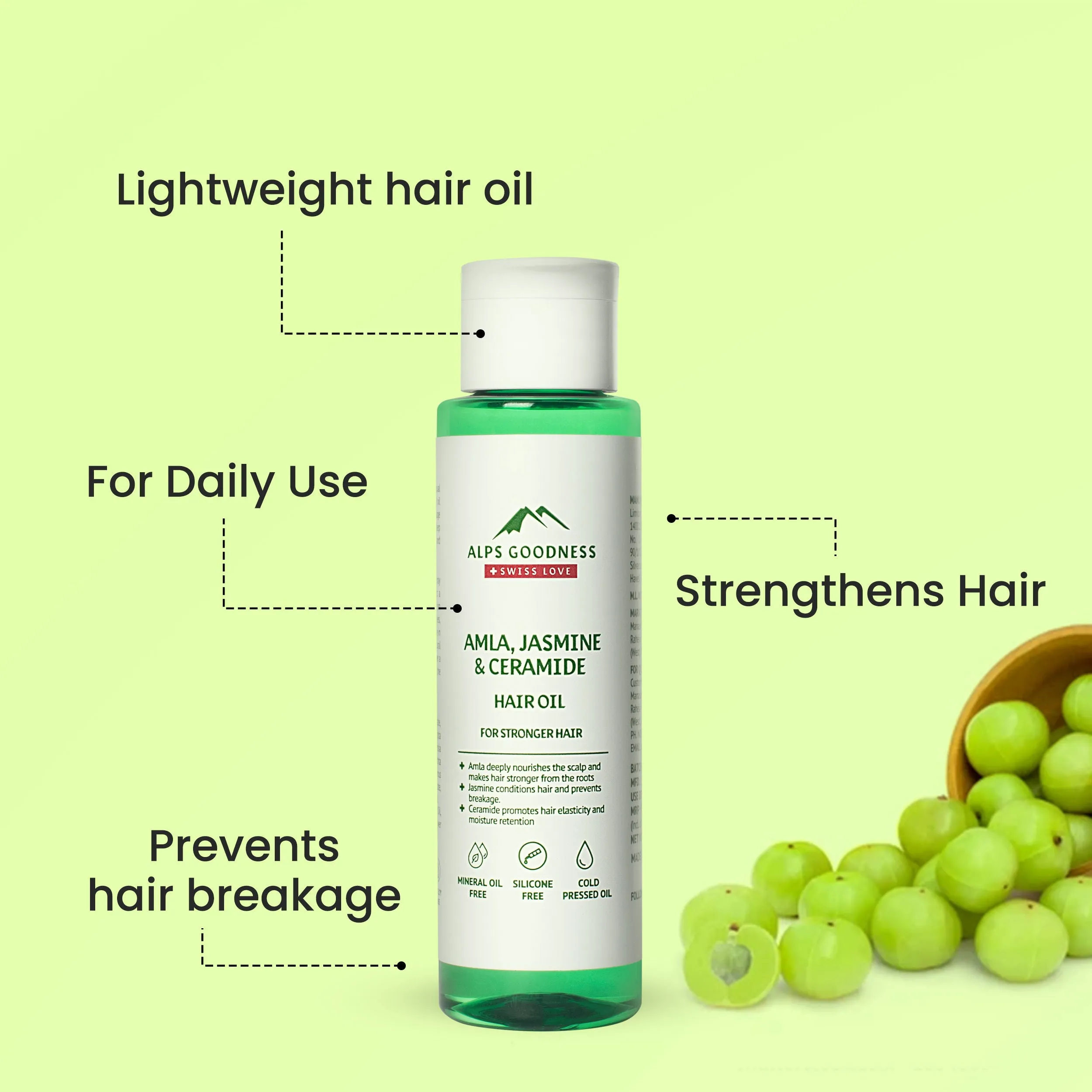 Alps Goodness Amla, Jasmine & Ceramide Hair Oil for Stronger Hair (95 ml)| Lightweight Oil| Light oil for everyday use| Silicone Free, Sulphate Free, Mineral Oil Free, Vegan, Cruelty Free