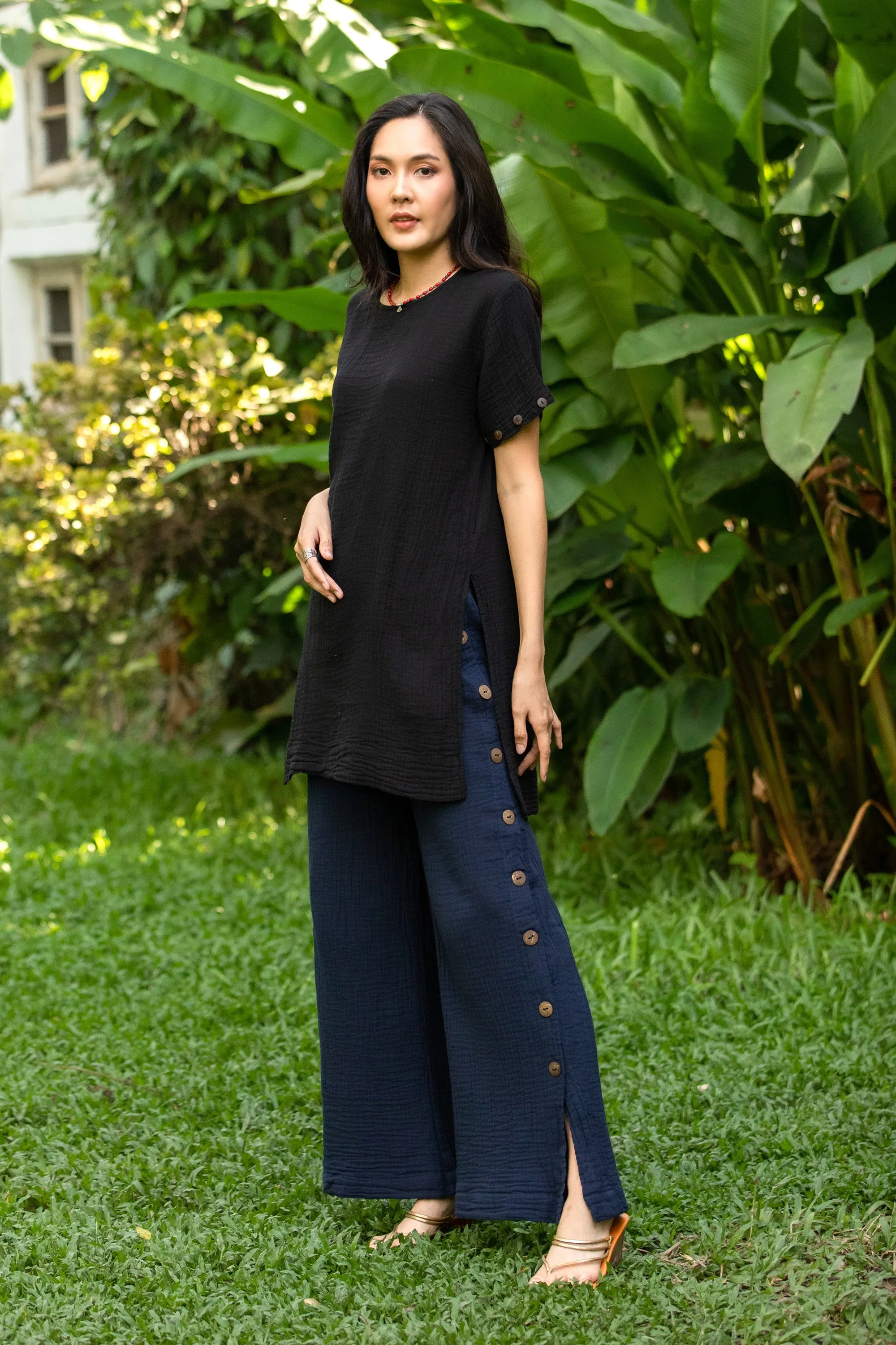 Blue Cotton Gauze Pants from Thailand - Out of Office in Navy | NOVICA