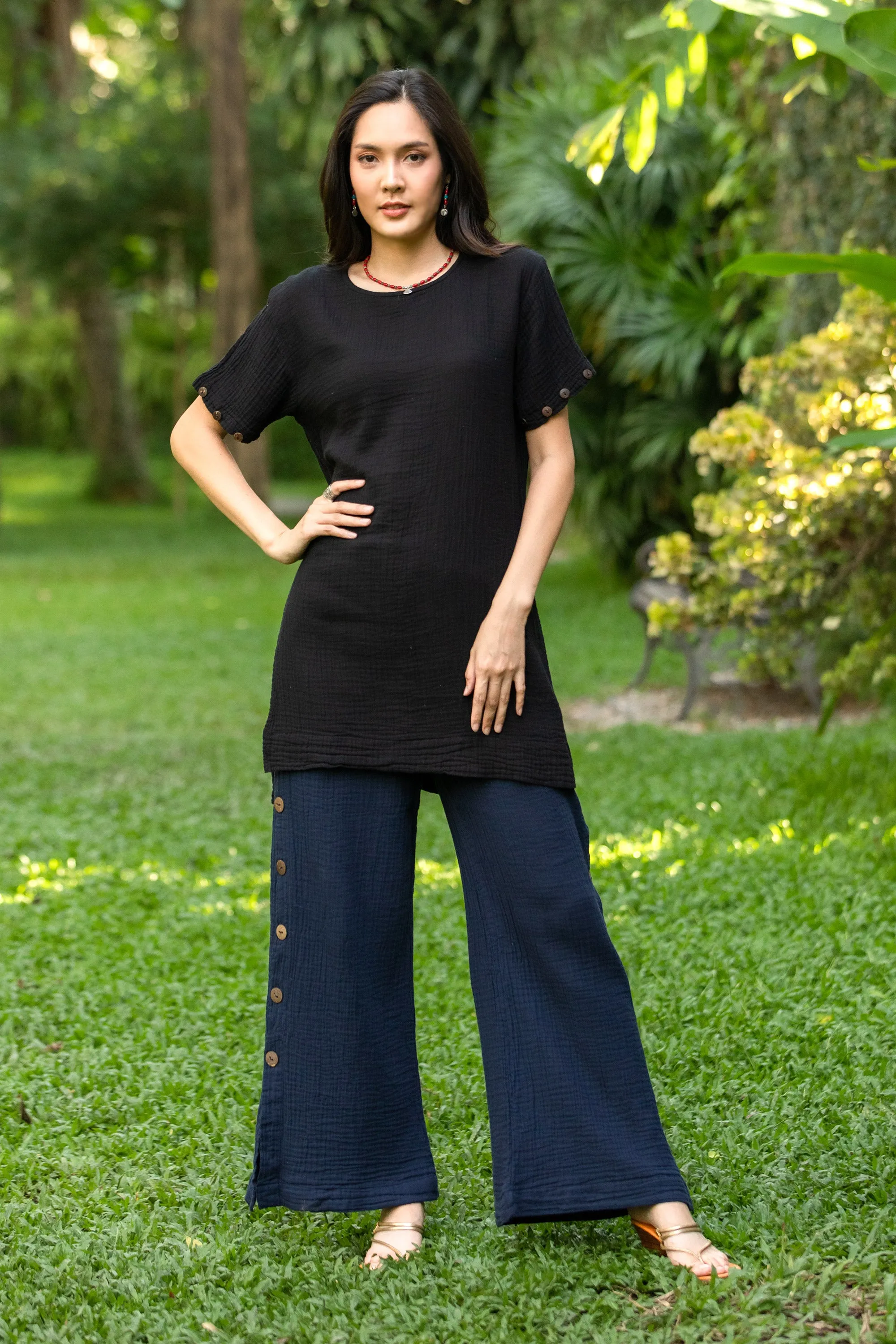 Blue Cotton Gauze Pants from Thailand - Out of Office in Navy | NOVICA