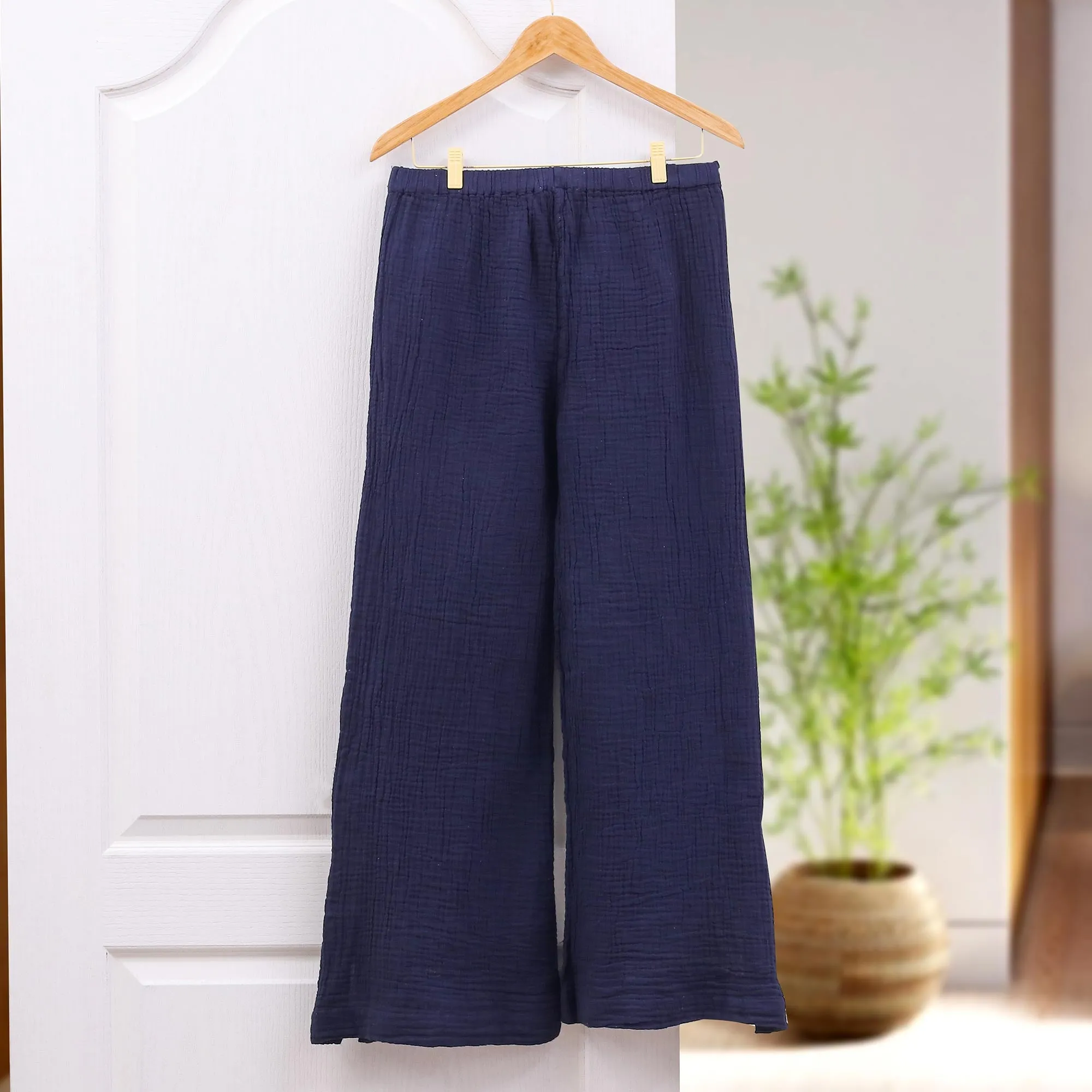 Blue Cotton Gauze Pants from Thailand - Out of Office in Navy | NOVICA