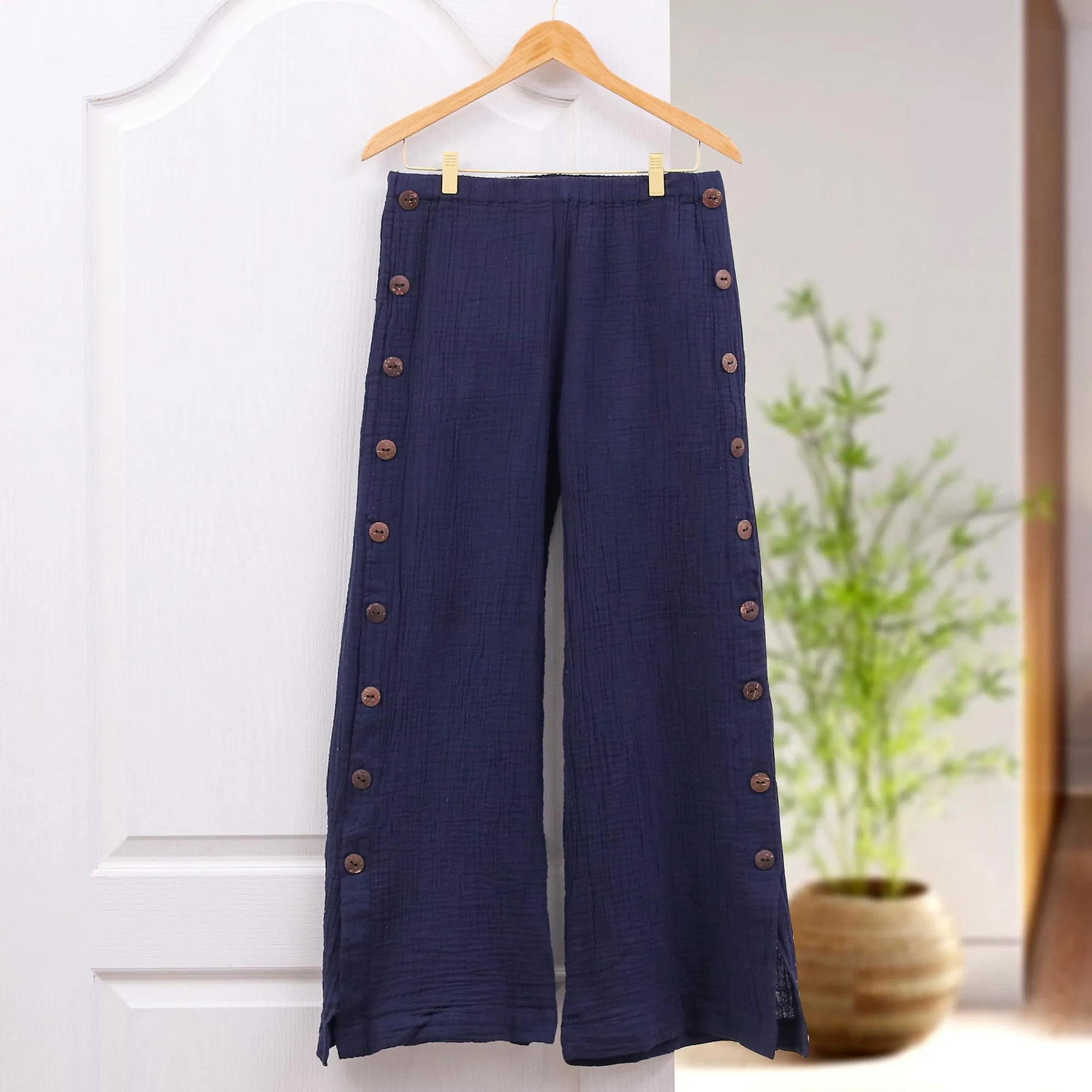 Blue Cotton Gauze Pants from Thailand - Out of Office in Navy | NOVICA