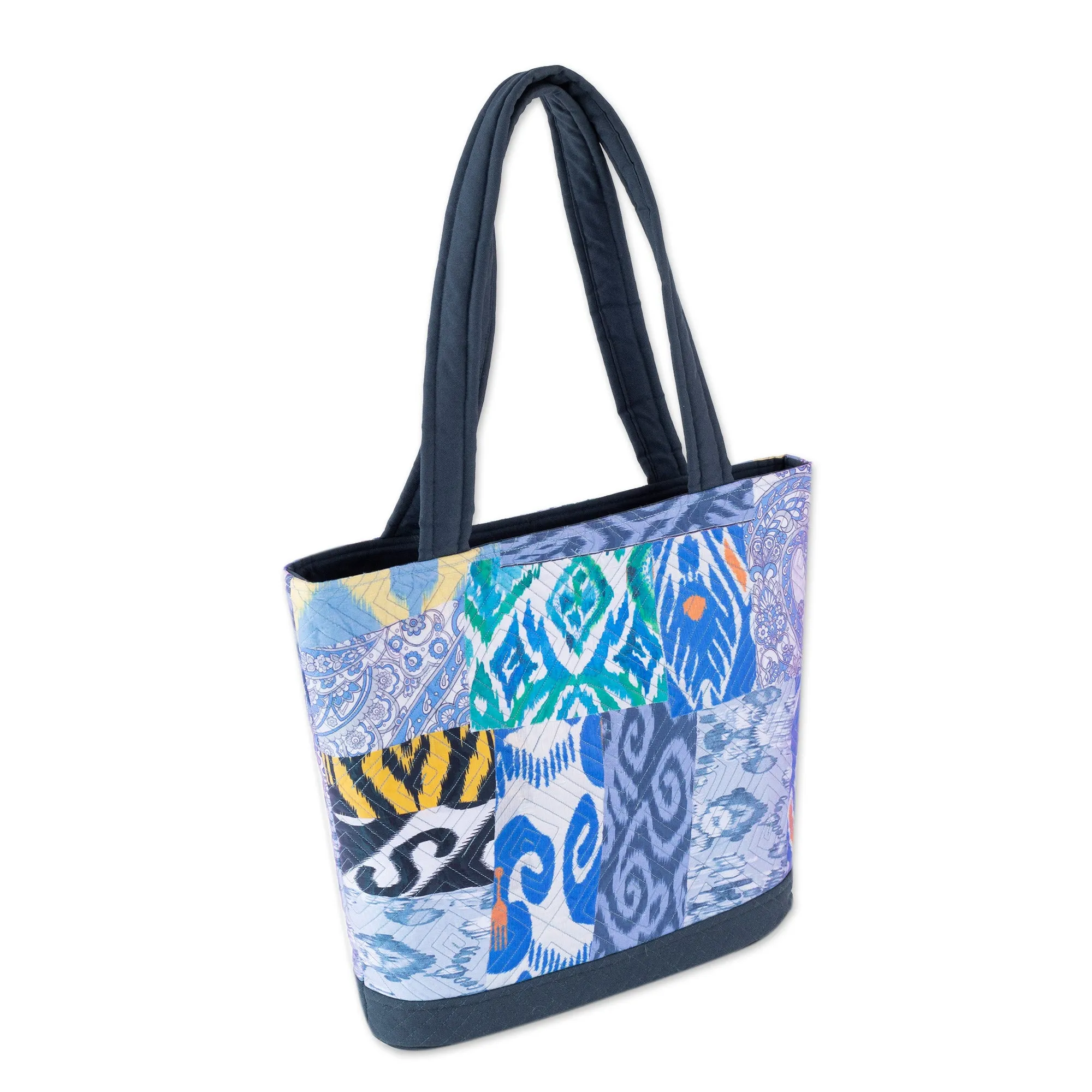 Blue-Toned Patchwork Ikat Tote Bag Crafted in Uzbekistan - Blue Traditions | NOVICA