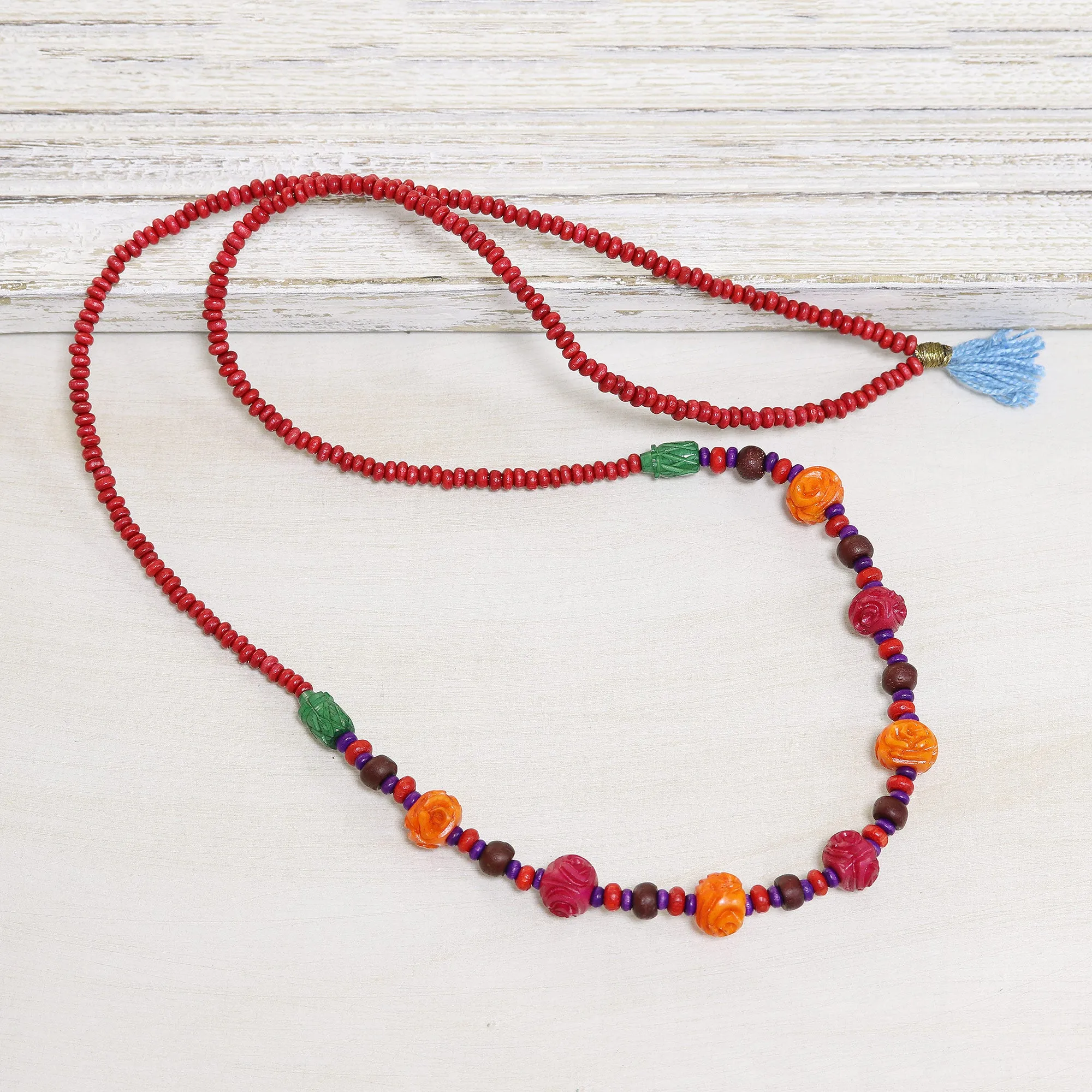 Colorful Wood Beaded Long Necklace - Boho Rose
