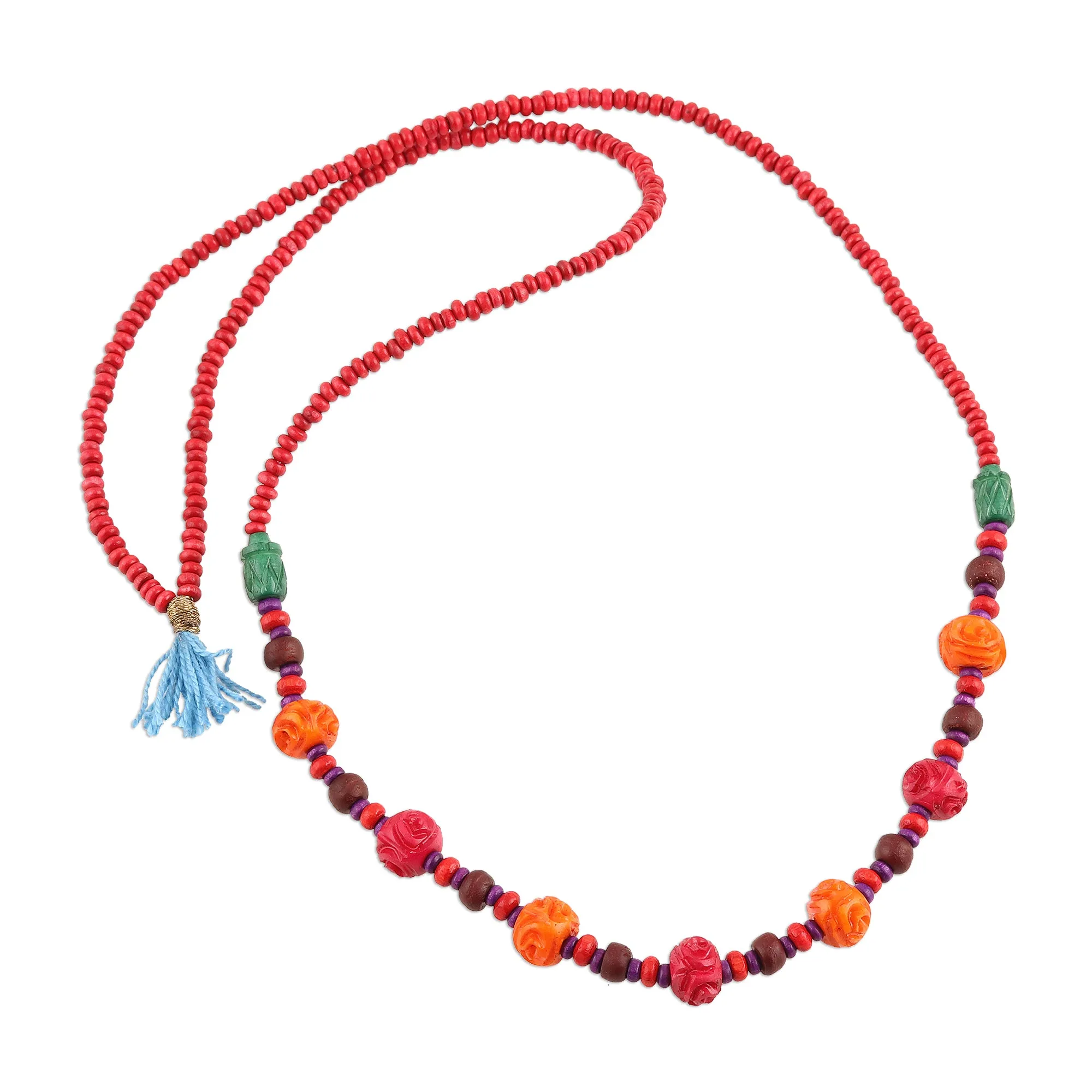 Colorful Wood Beaded Long Necklace - Boho Rose