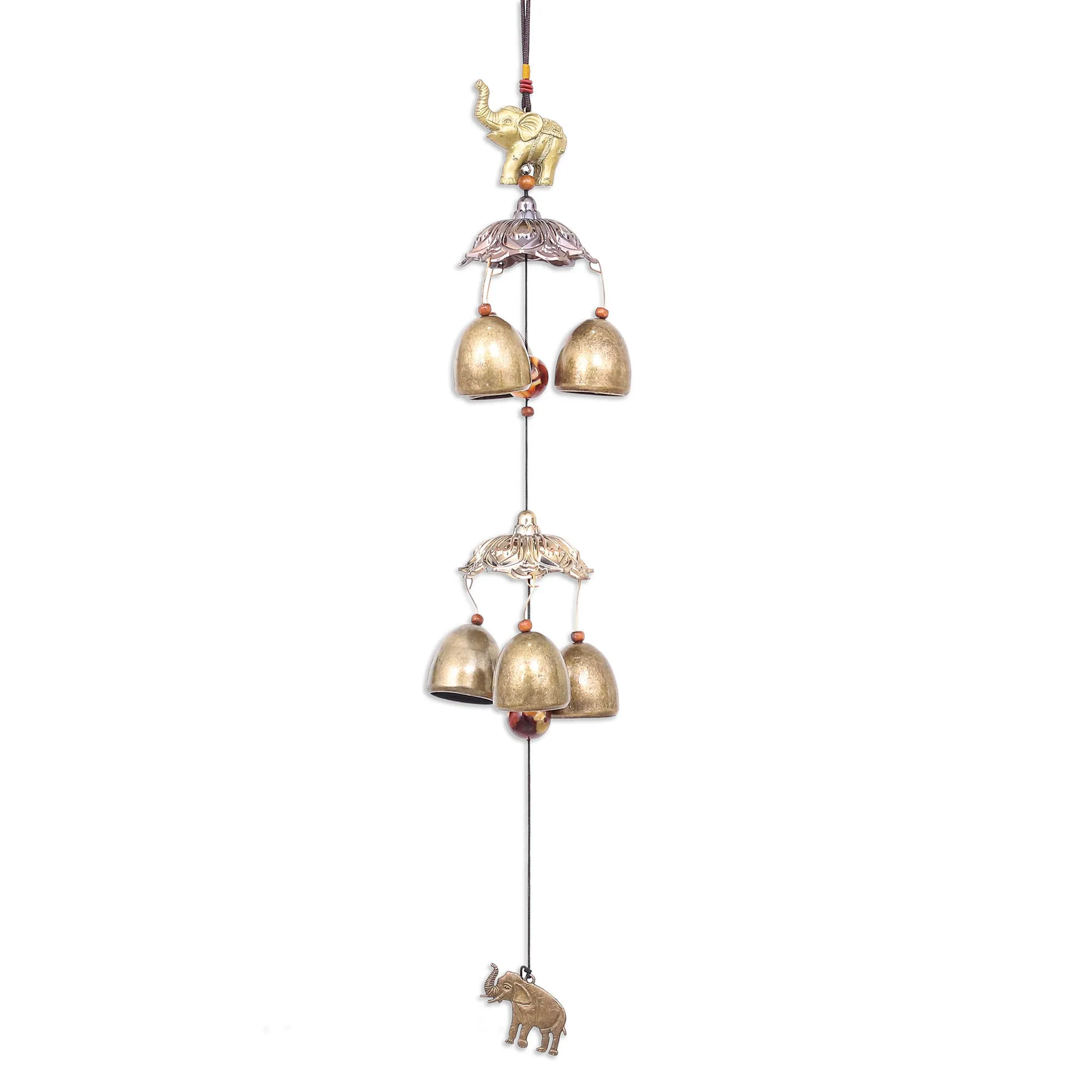 Elephant Themed Wind Chime Made from Aluminum and Brass - Wisdom Bells | NOVICA