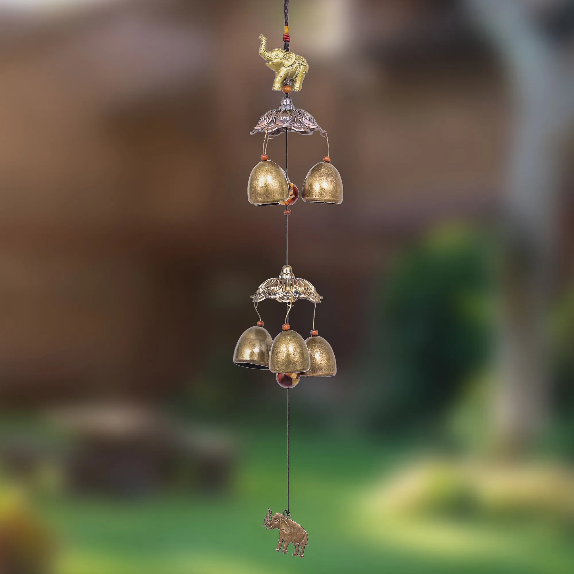 Elephant Themed Wind Chime Made from Aluminum and Brass - Wisdom Bells | NOVICA