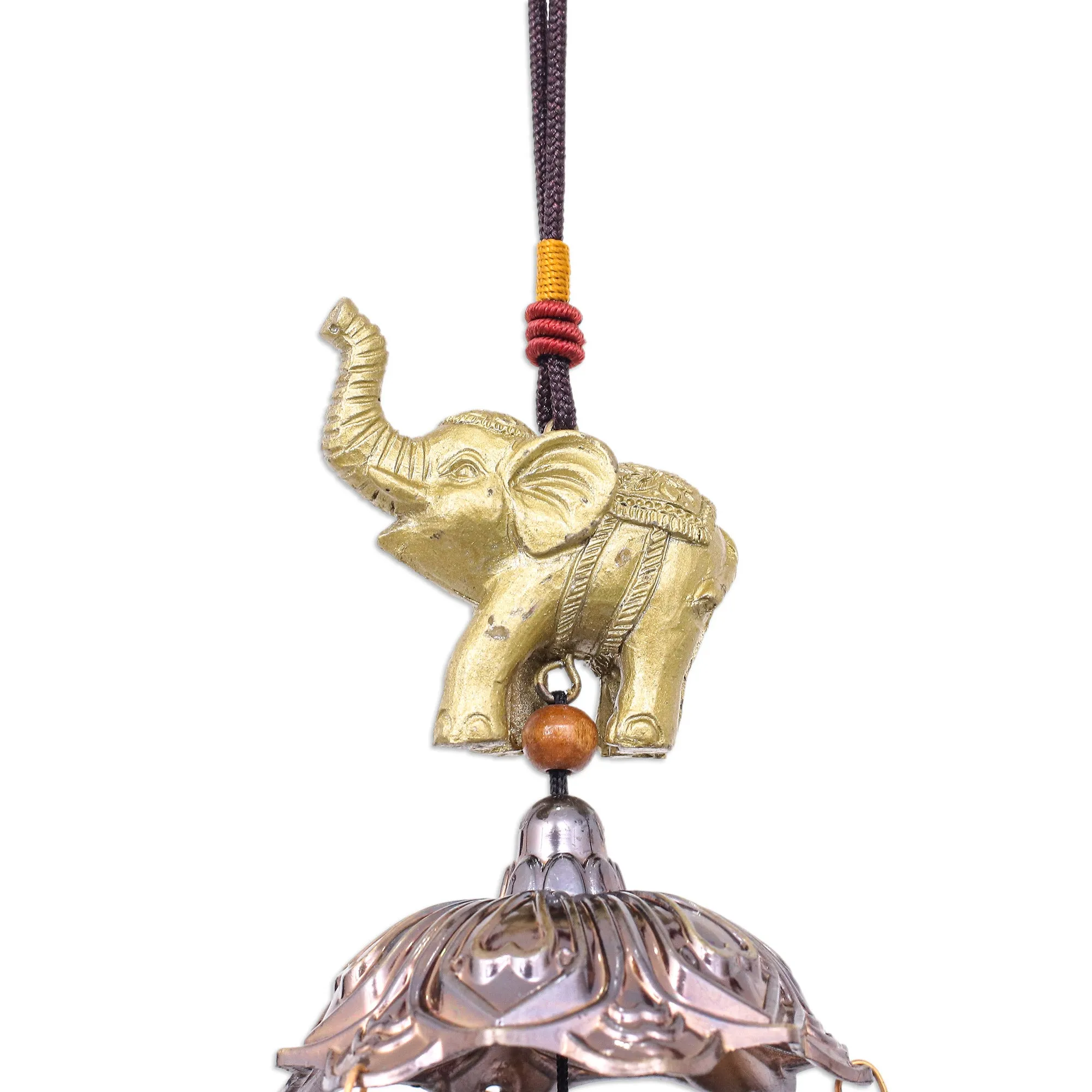 Elephant Themed Wind Chime Made from Aluminum and Brass - Wisdom Bells | NOVICA