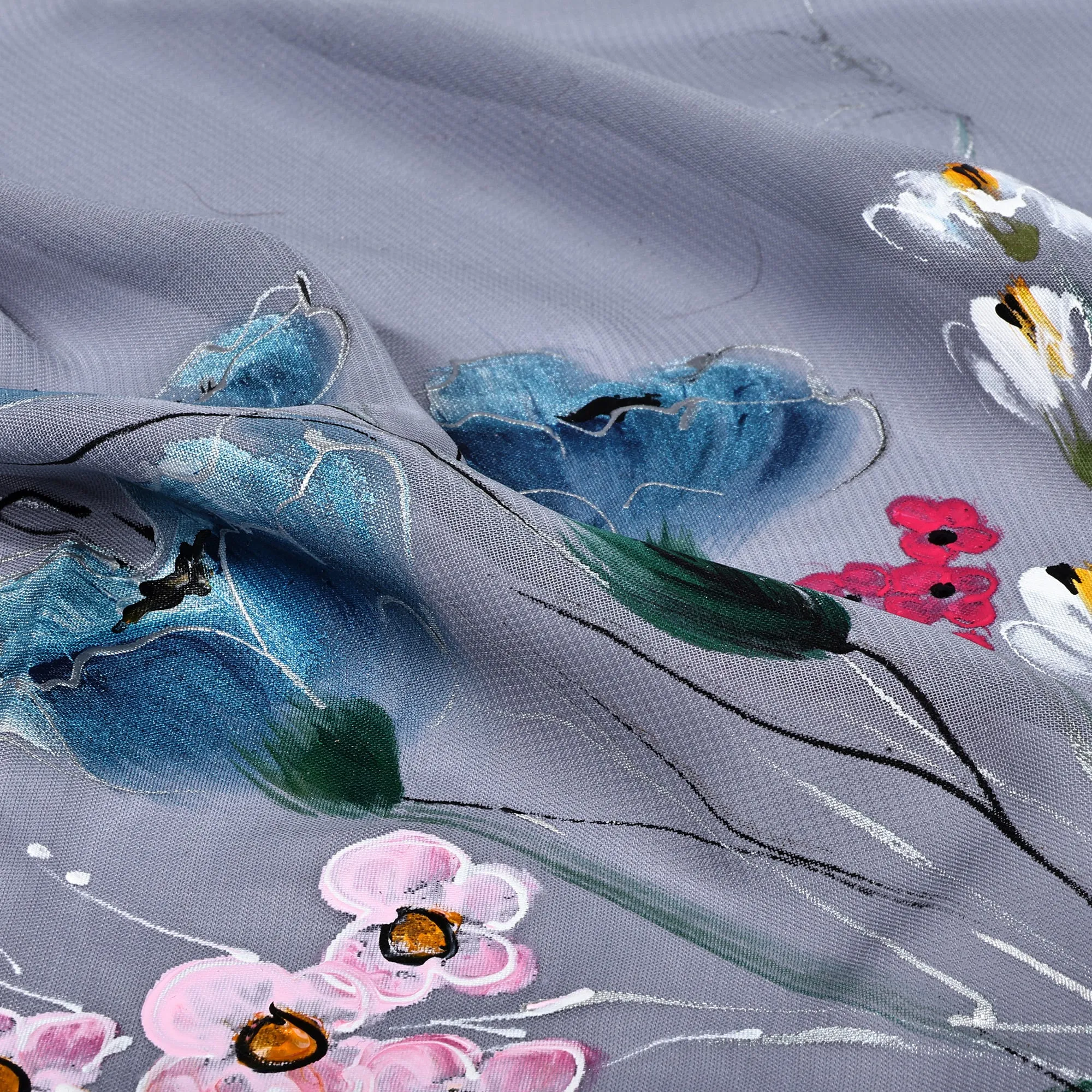 Floral Hand-Painted 100% Silk Scarf in a Grey Base Hue - Primaveral Serenity | NOVICA