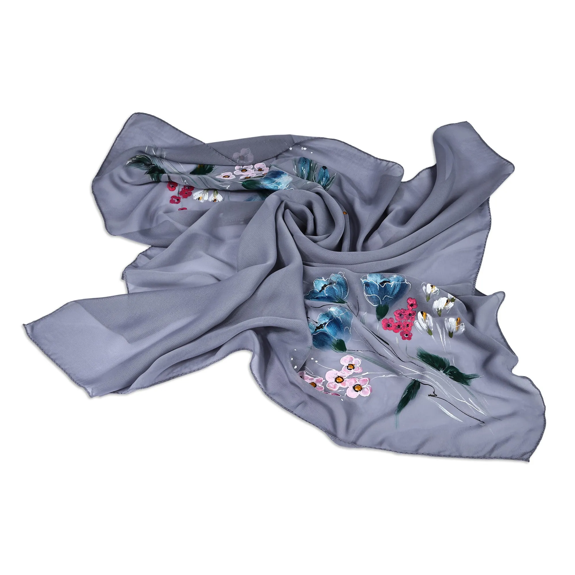 Floral Hand-Painted 100% Silk Scarf in a Grey Base Hue - Primaveral Serenity | NOVICA