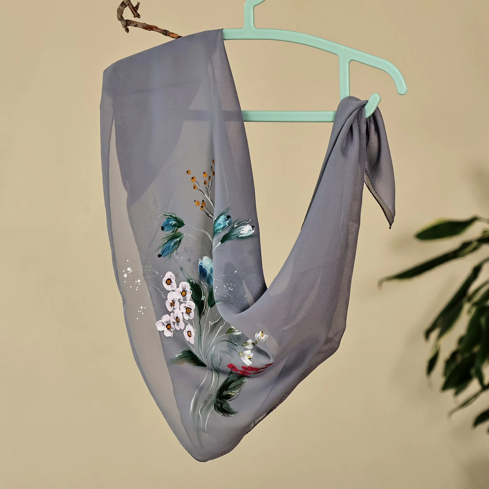 Floral Hand-Painted 100% Silk Scarf in a Grey Base Hue - Primaveral Serenity | NOVICA