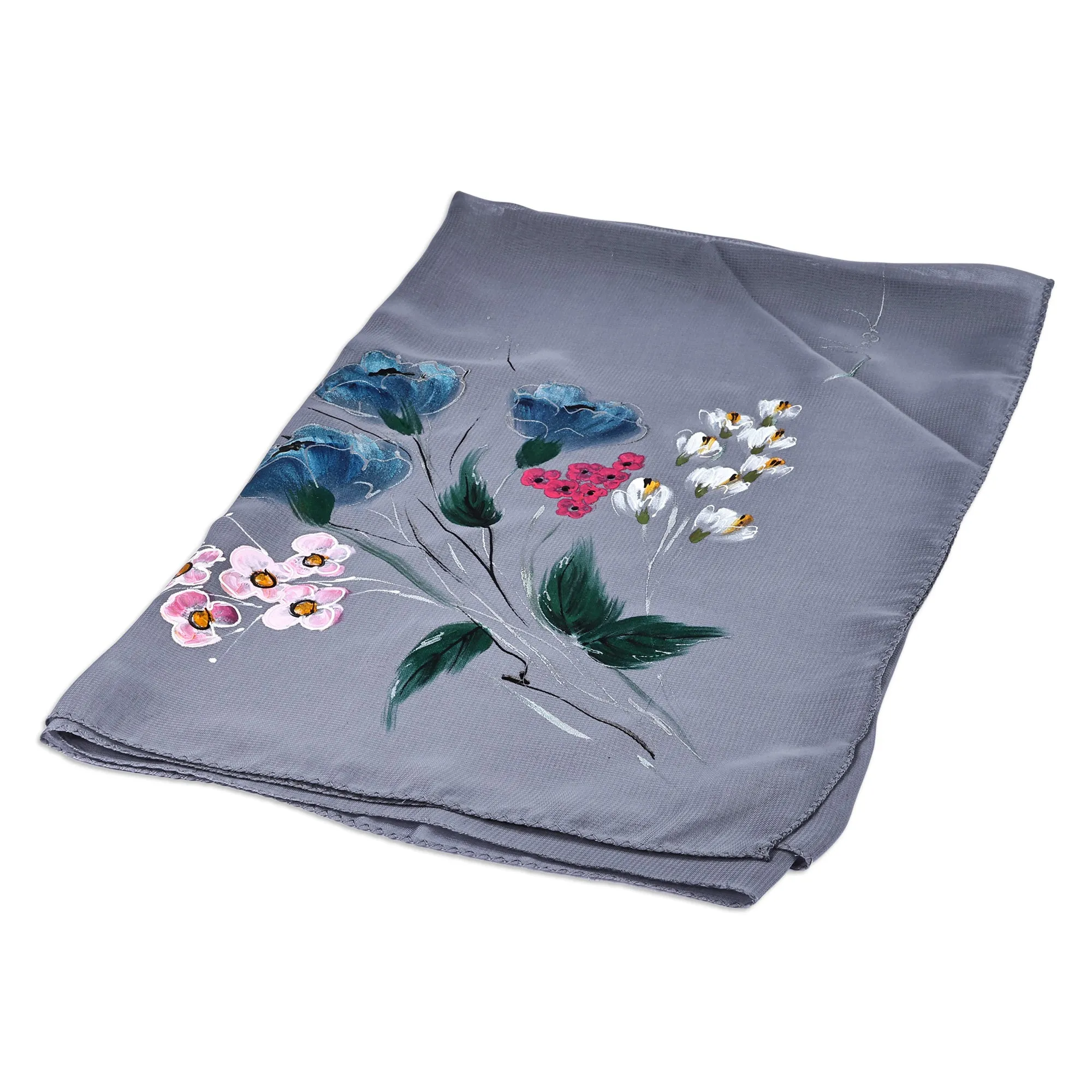 Floral Hand-Painted 100% Silk Scarf in a Grey Base Hue - Primaveral Serenity | NOVICA