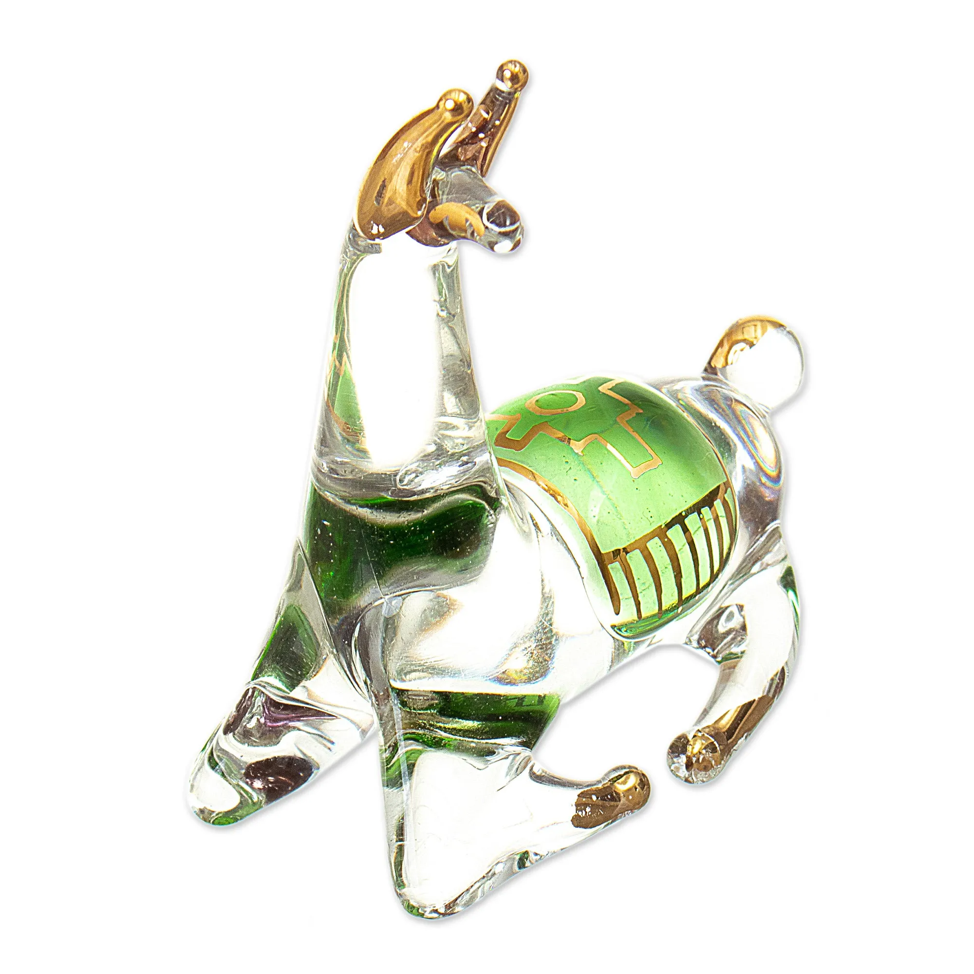 Gilded Clear & Green Glass Llama Figurine Hand-Blown in Peru - Llama's Rest | NOVICA