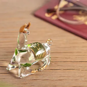 Gilded Clear & Green Glass Llama Figurine Hand-Blown in Peru - Llama's Rest | NOVICA