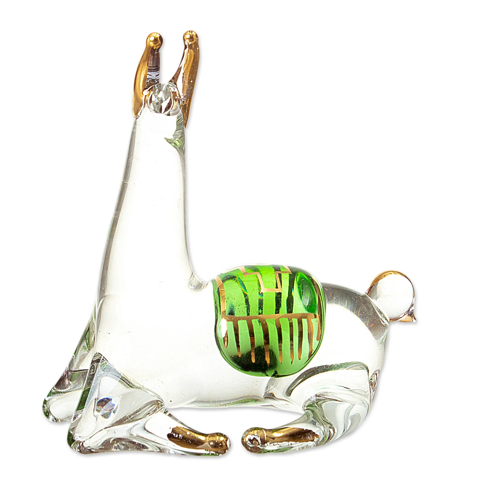 Gilded Clear & Green Glass Llama Figurine Hand-Blown in Peru - Llama's Rest | NOVICA