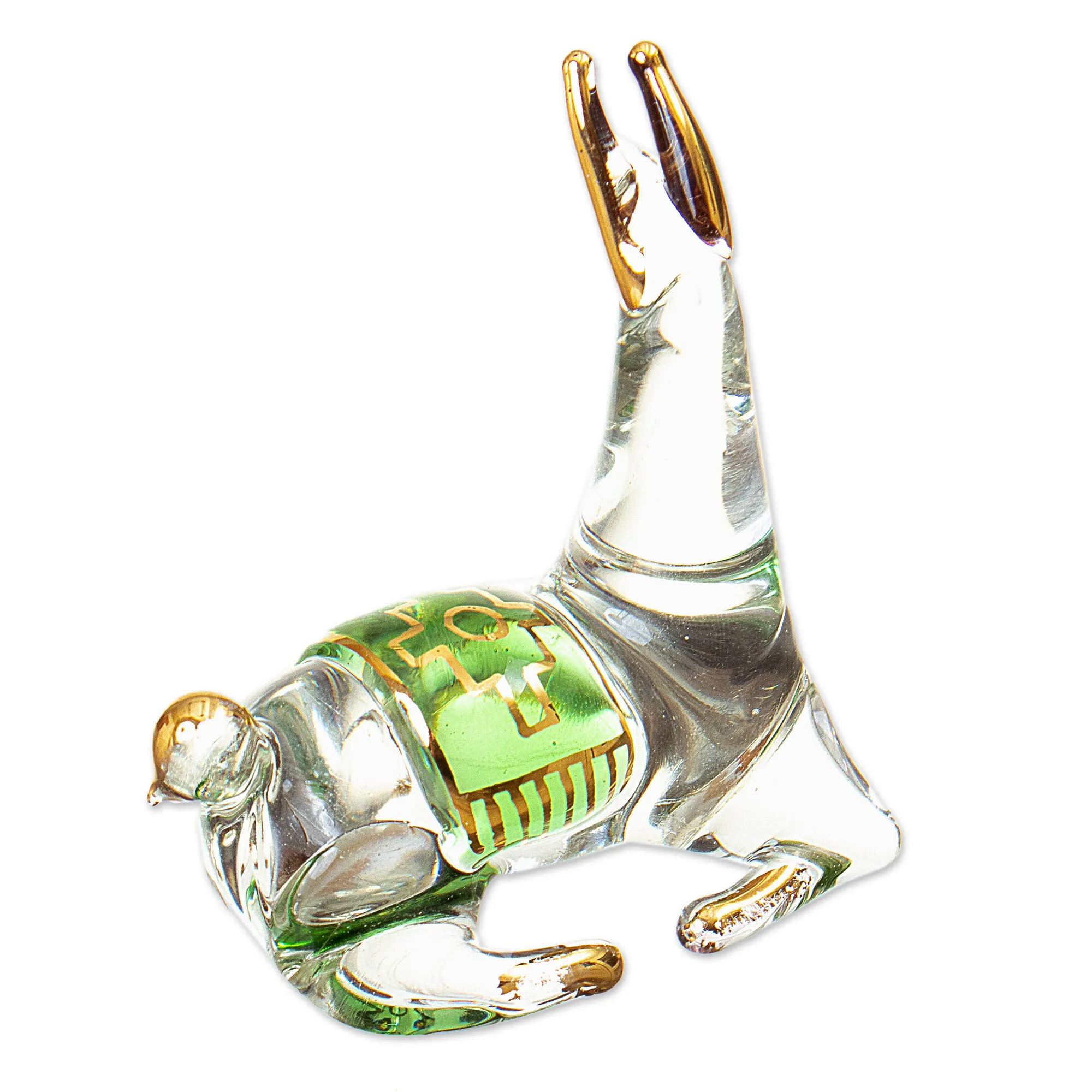 Gilded Clear & Green Glass Llama Figurine Hand-Blown in Peru - Llama's Rest | NOVICA