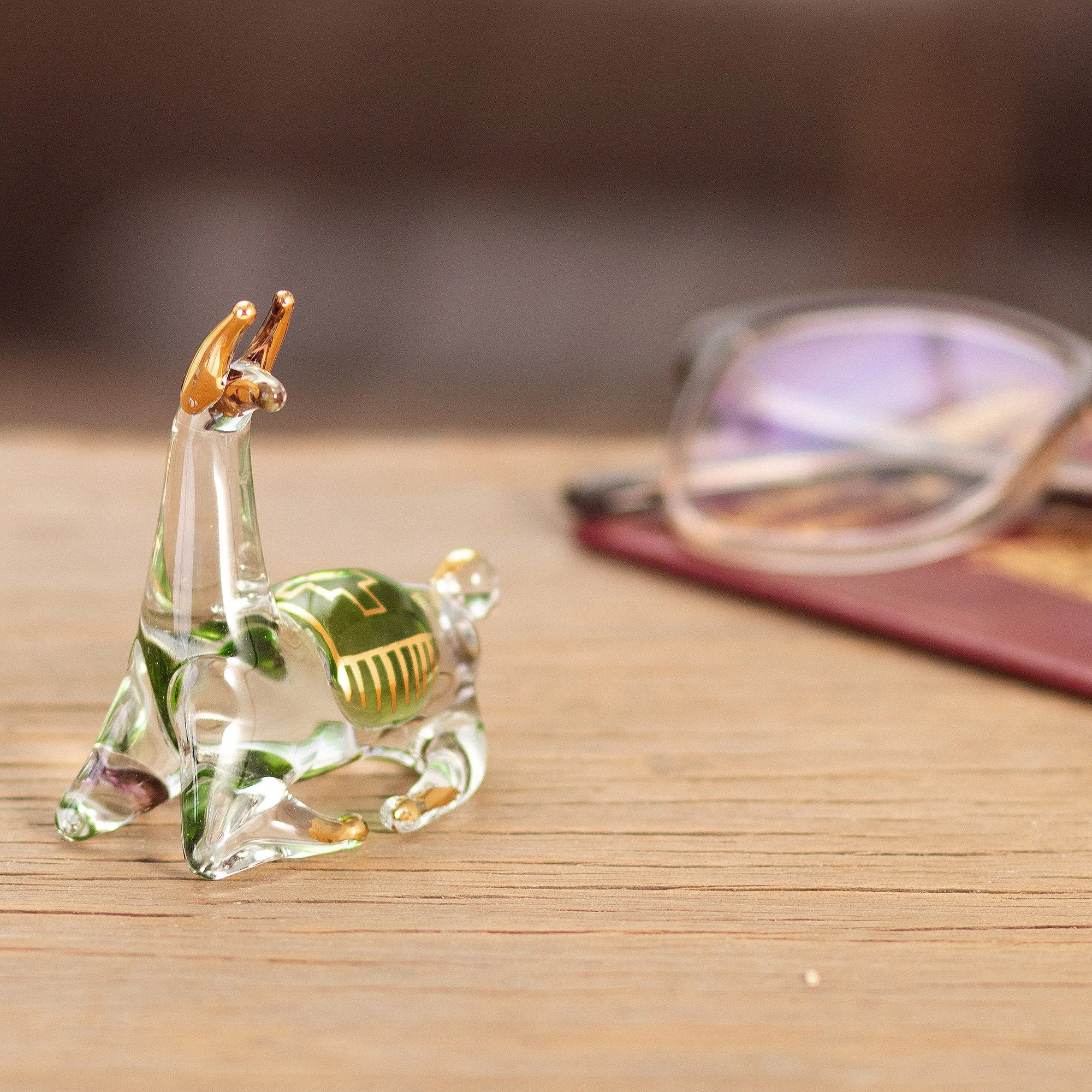 Gilded Clear & Green Glass Llama Figurine Hand-Blown in Peru - Llama's Rest | NOVICA