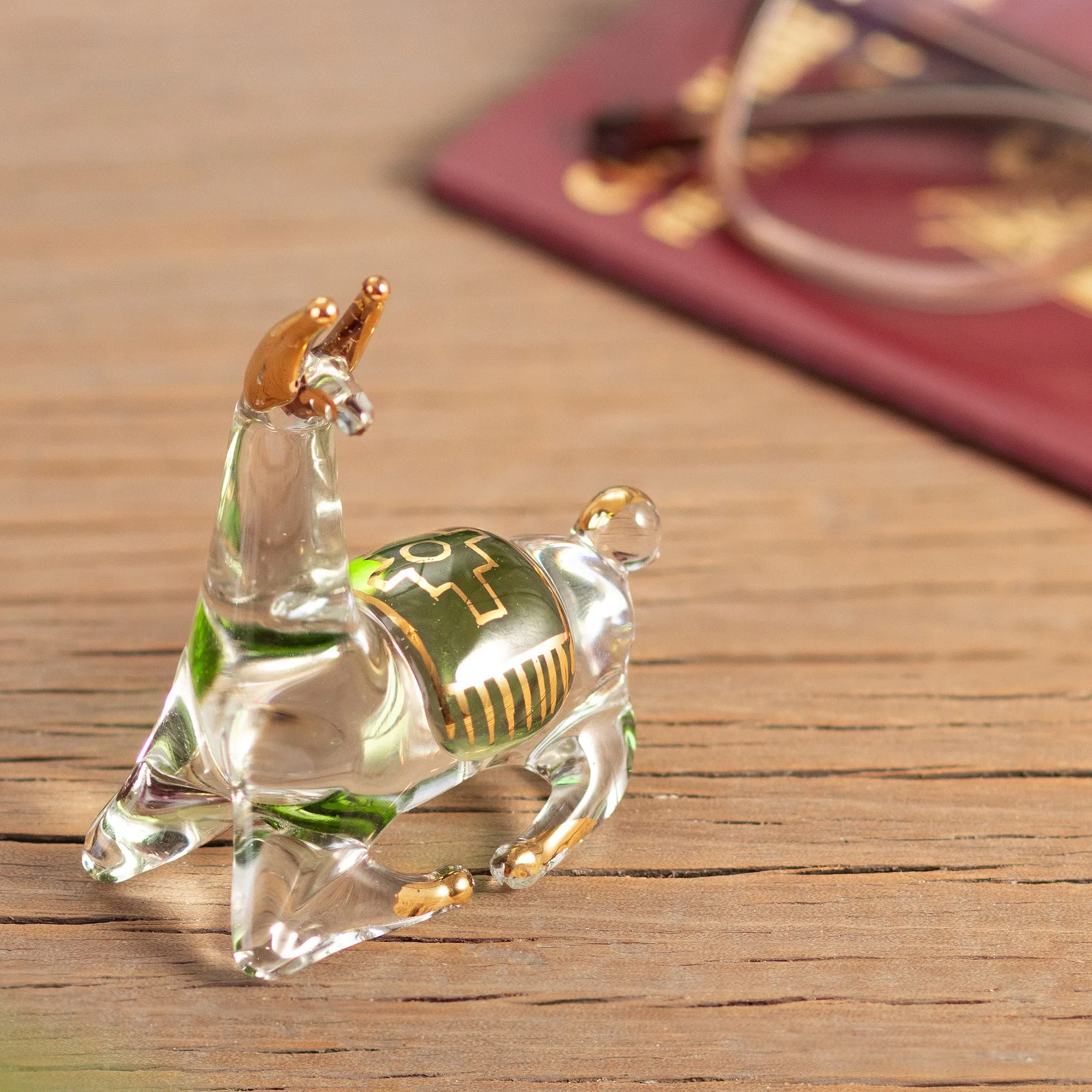 Gilded Clear & Green Glass Llama Figurine Hand-Blown in Peru - Llama's Rest | NOVICA