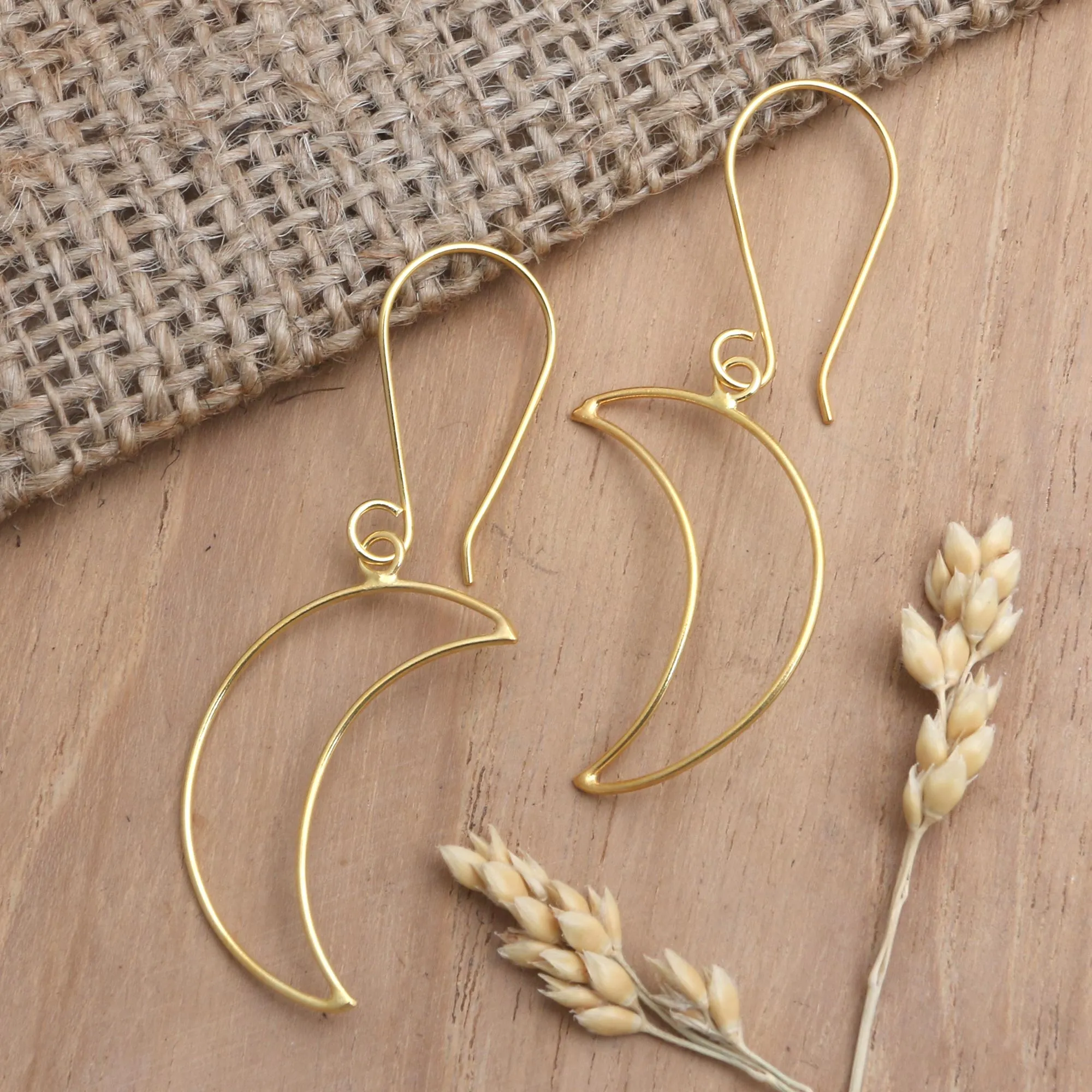 Gold-Plated Crescent Moon Dangle Earrings - Moon Money | NOVICA