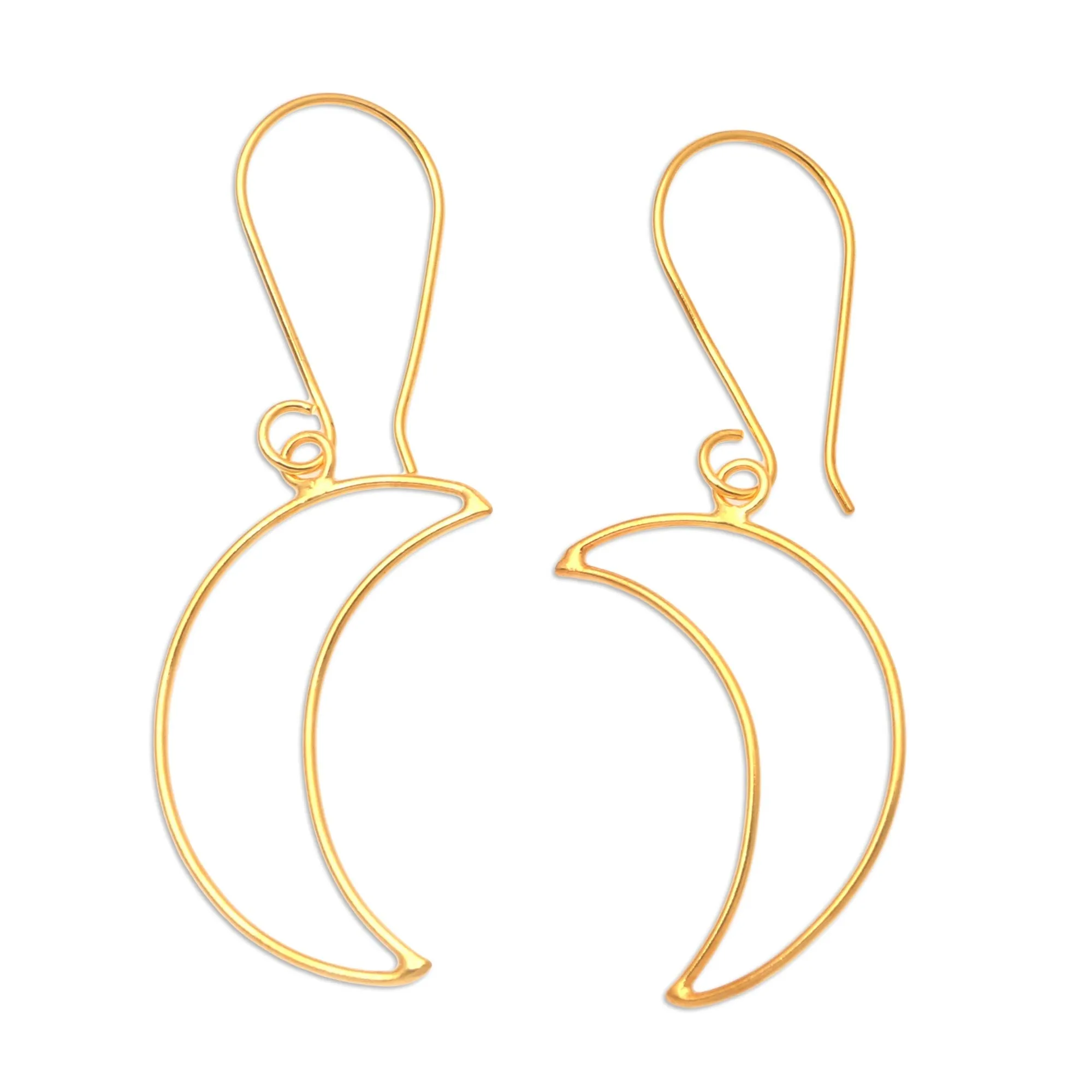 Gold-Plated Crescent Moon Dangle Earrings - Moon Money | NOVICA