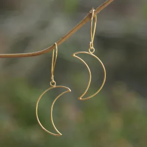 Gold-Plated Crescent Moon Dangle Earrings - Moon Money | NOVICA