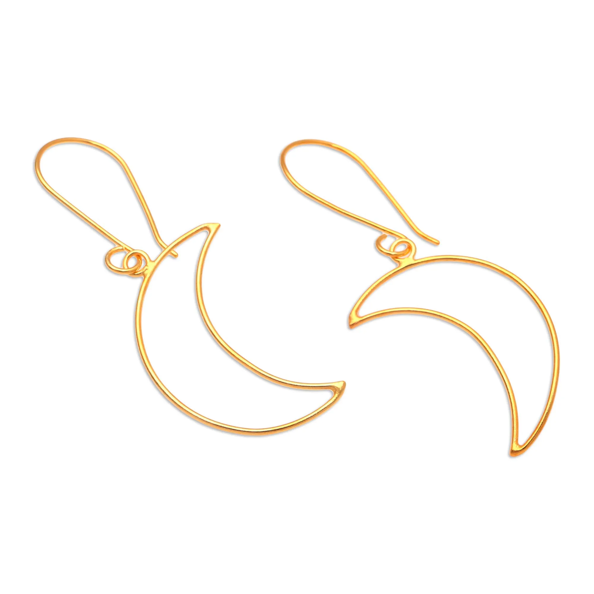 Gold-Plated Crescent Moon Dangle Earrings - Moon Money | NOVICA