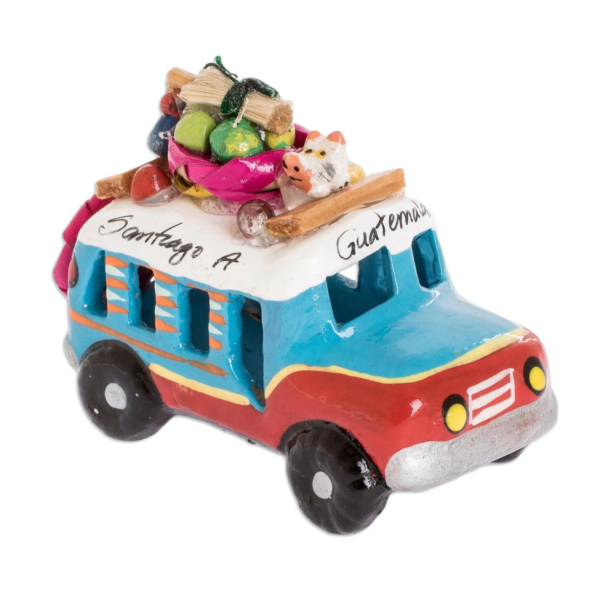 Guatemala 3 Inch Red and Blue Ceramic Bus Figurine - Blue and Red Old Time Bus | NOVICA