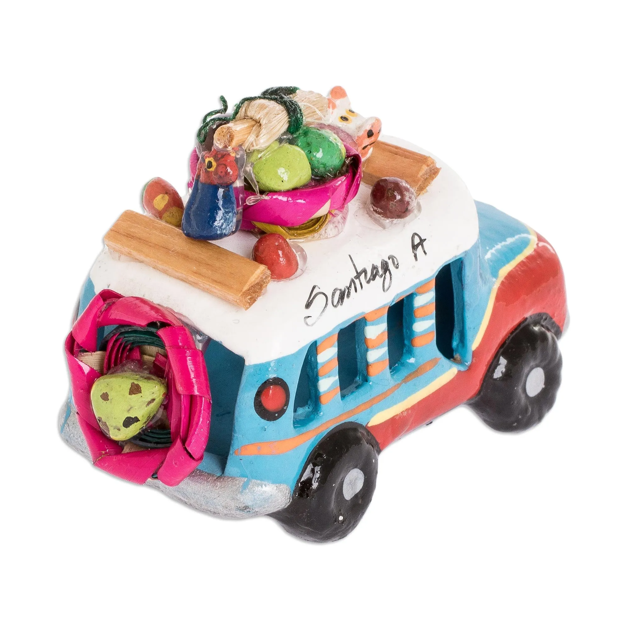 Guatemala 3 Inch Red and Blue Ceramic Bus Figurine - Blue and Red Old Time Bus | NOVICA