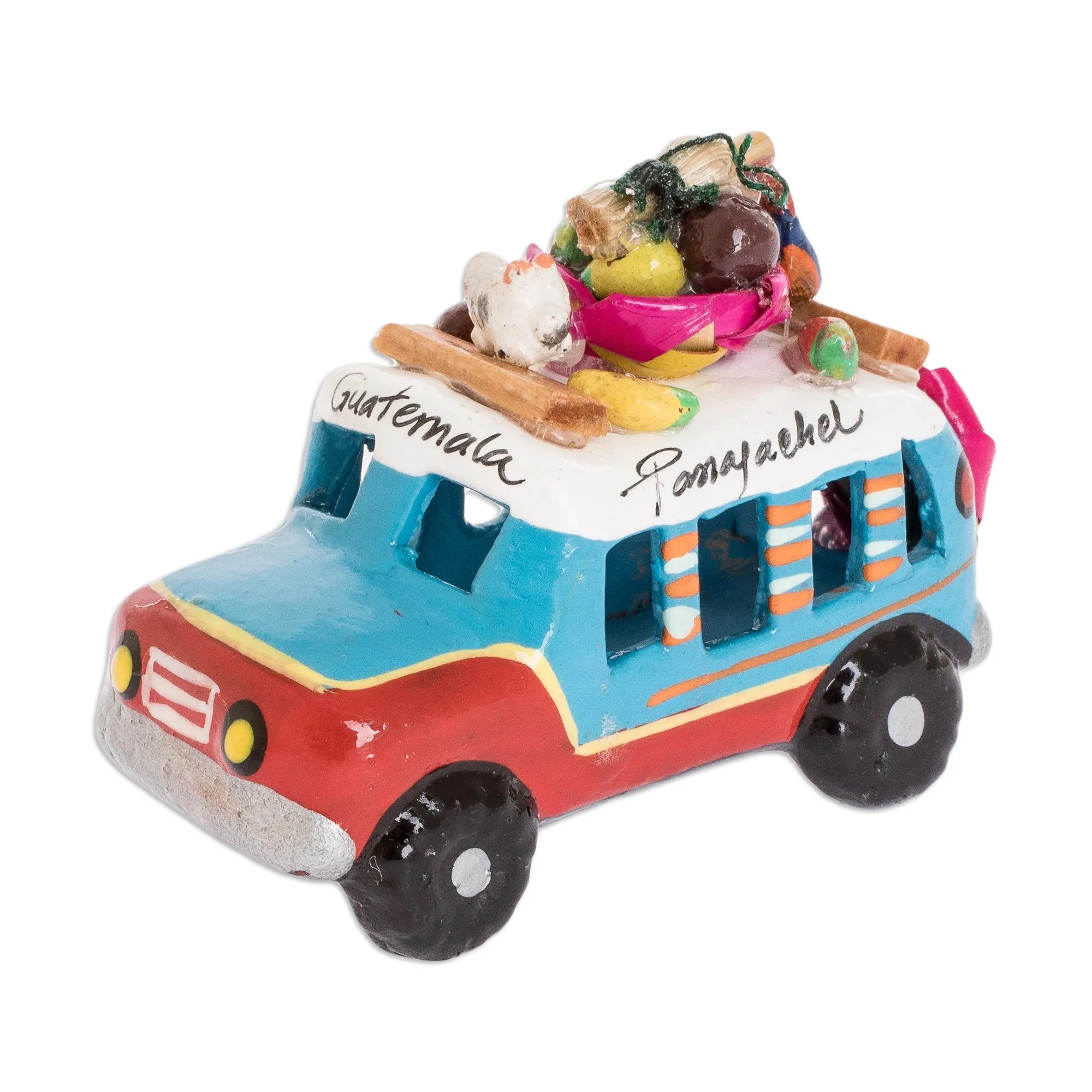 Guatemala 3 Inch Red and Blue Ceramic Bus Figurine - Blue and Red Old Time Bus | NOVICA