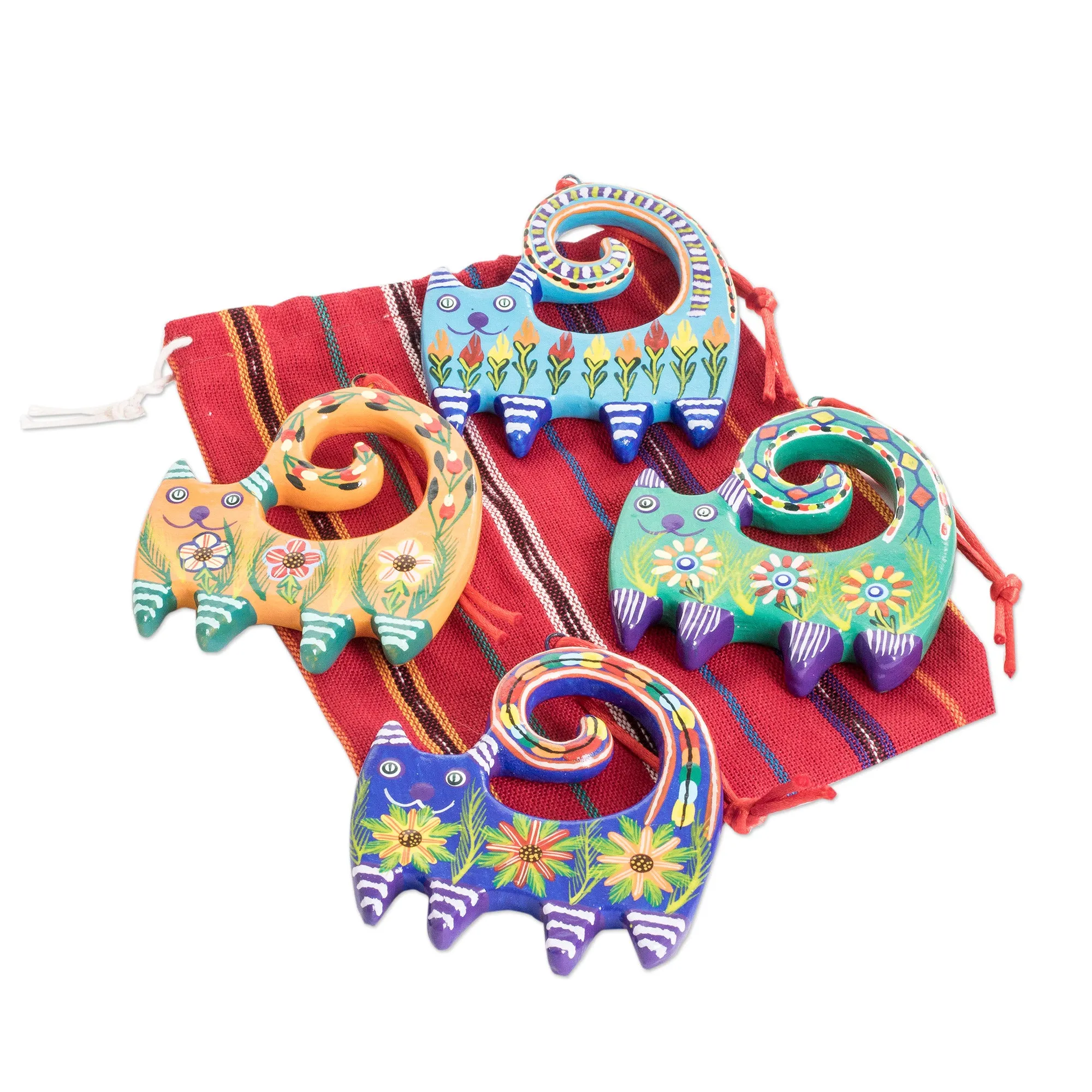 Hand-Painted Cat-Themed Floral Ceramic Ornaments (Set of 4) - Festive Felines | NOVICA