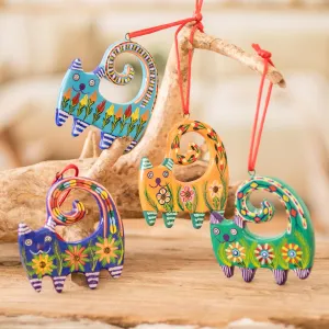 Hand-Painted Cat-Themed Floral Ceramic Ornaments (Set of 4) - Festive Felines | NOVICA