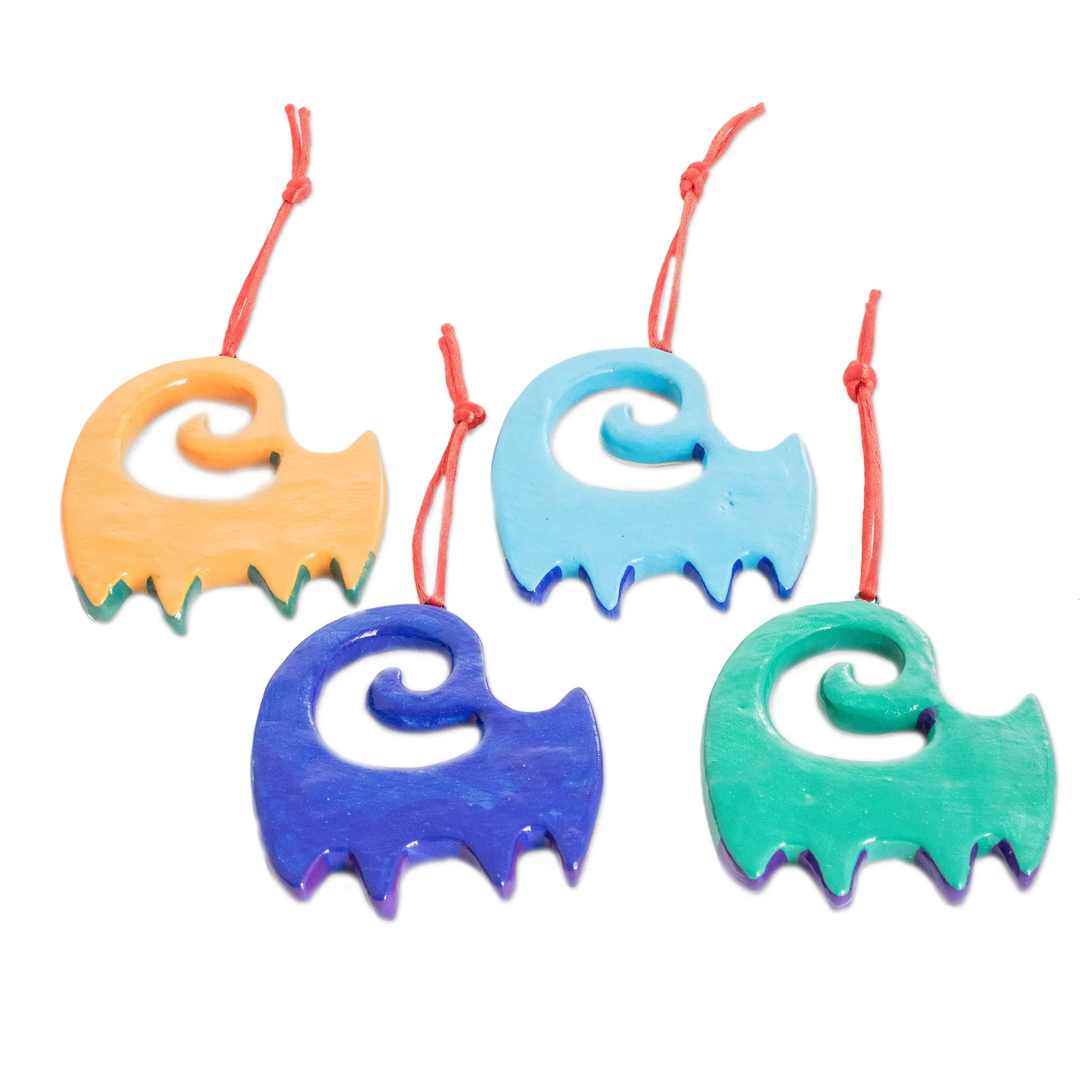 Hand-Painted Cat-Themed Floral Ceramic Ornaments (Set of 4) - Festive Felines | NOVICA