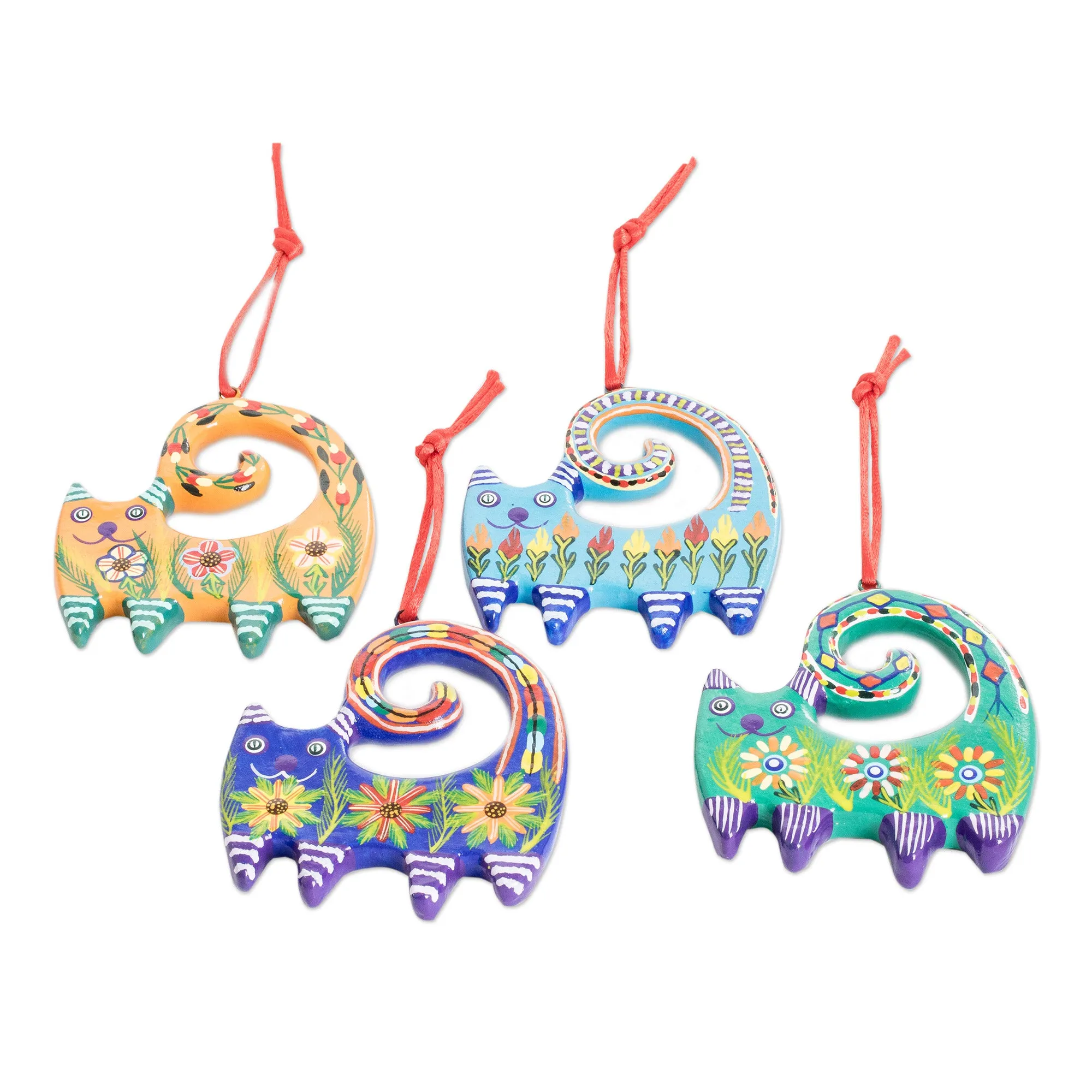 Hand-Painted Cat-Themed Floral Ceramic Ornaments (Set of 4) - Festive Felines | NOVICA