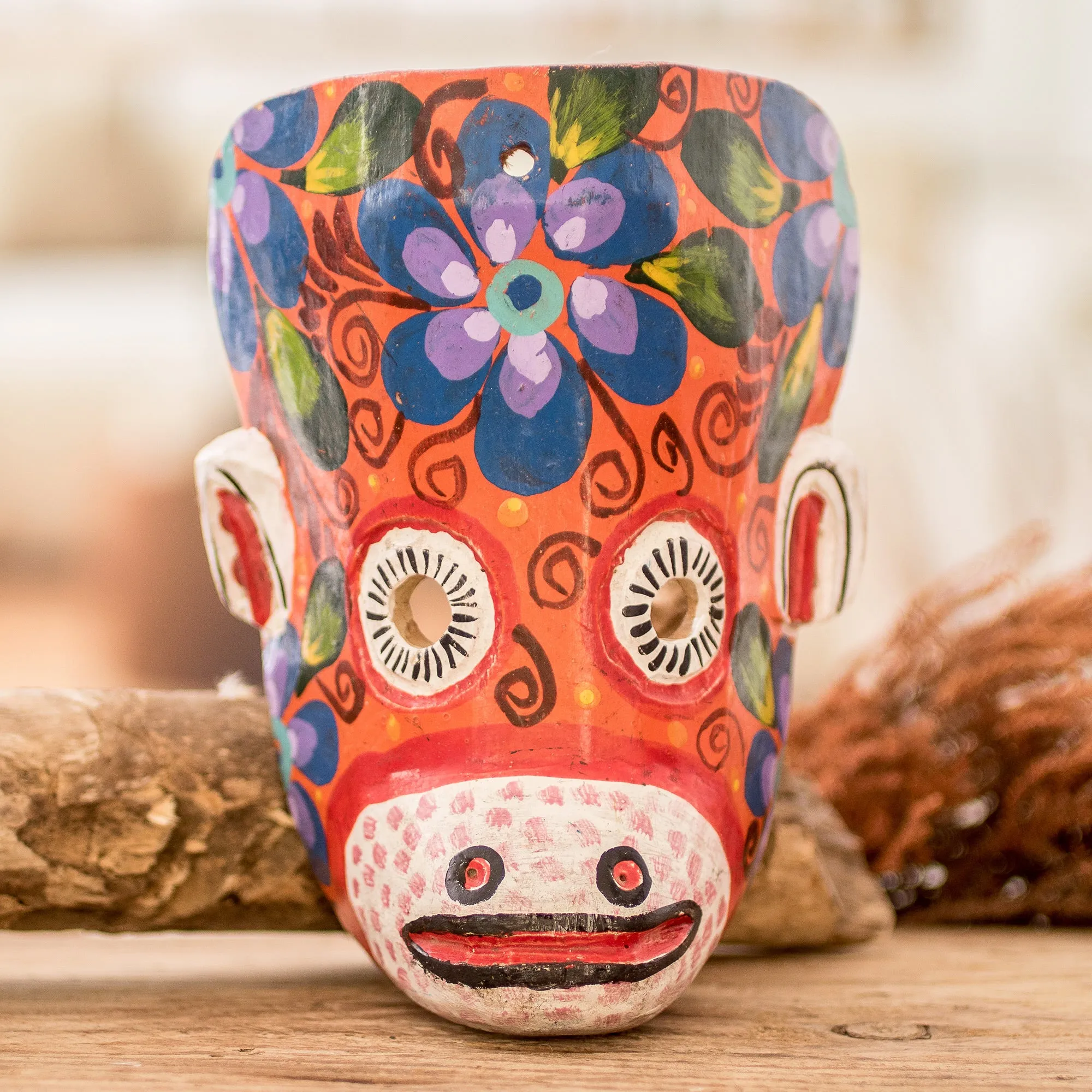 Hand-Painted Floral Monkey Pinewood Mask in Orange - Monkey's Celebration | NOVICA