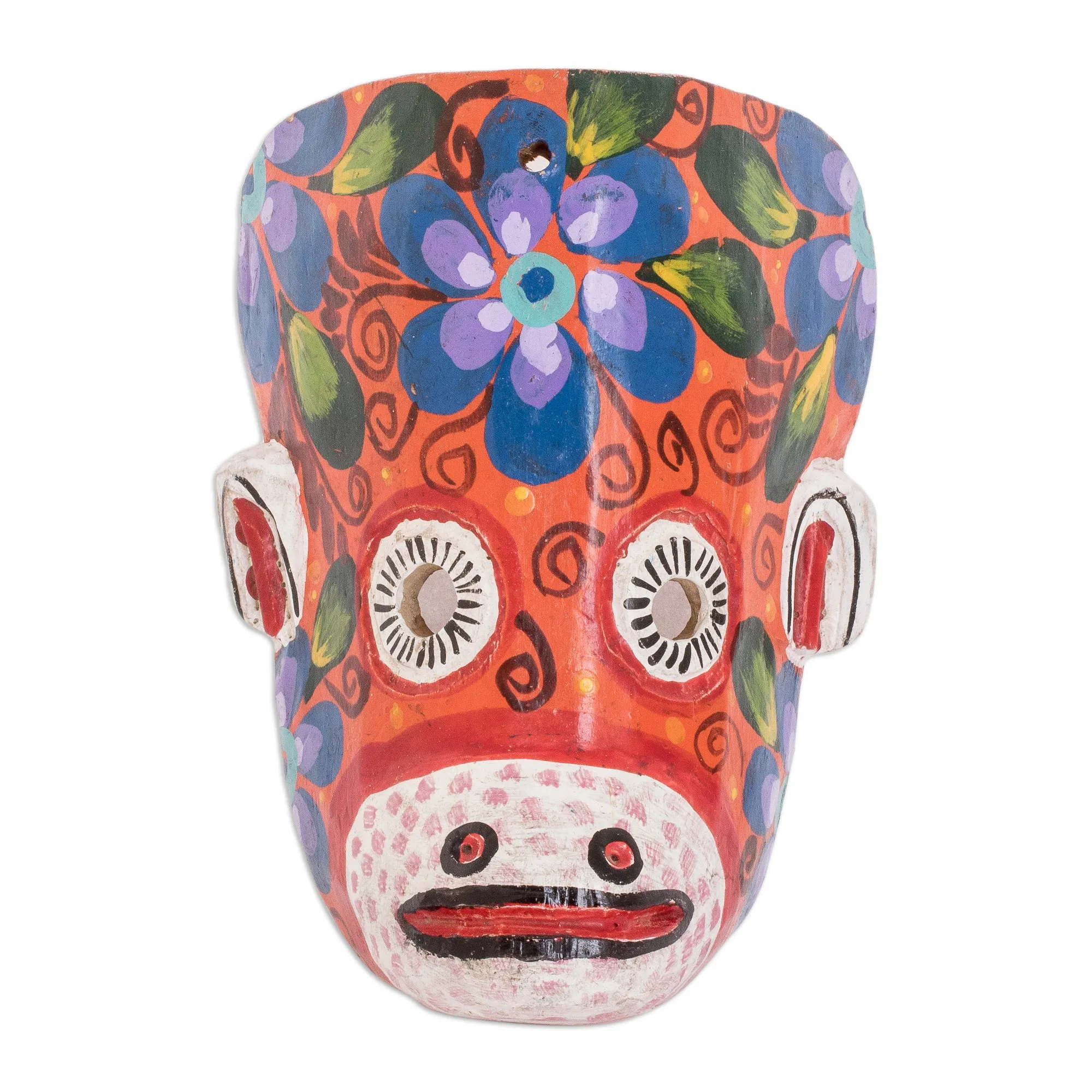 Hand-Painted Floral Monkey Pinewood Mask in Orange - Monkey's Celebration | NOVICA