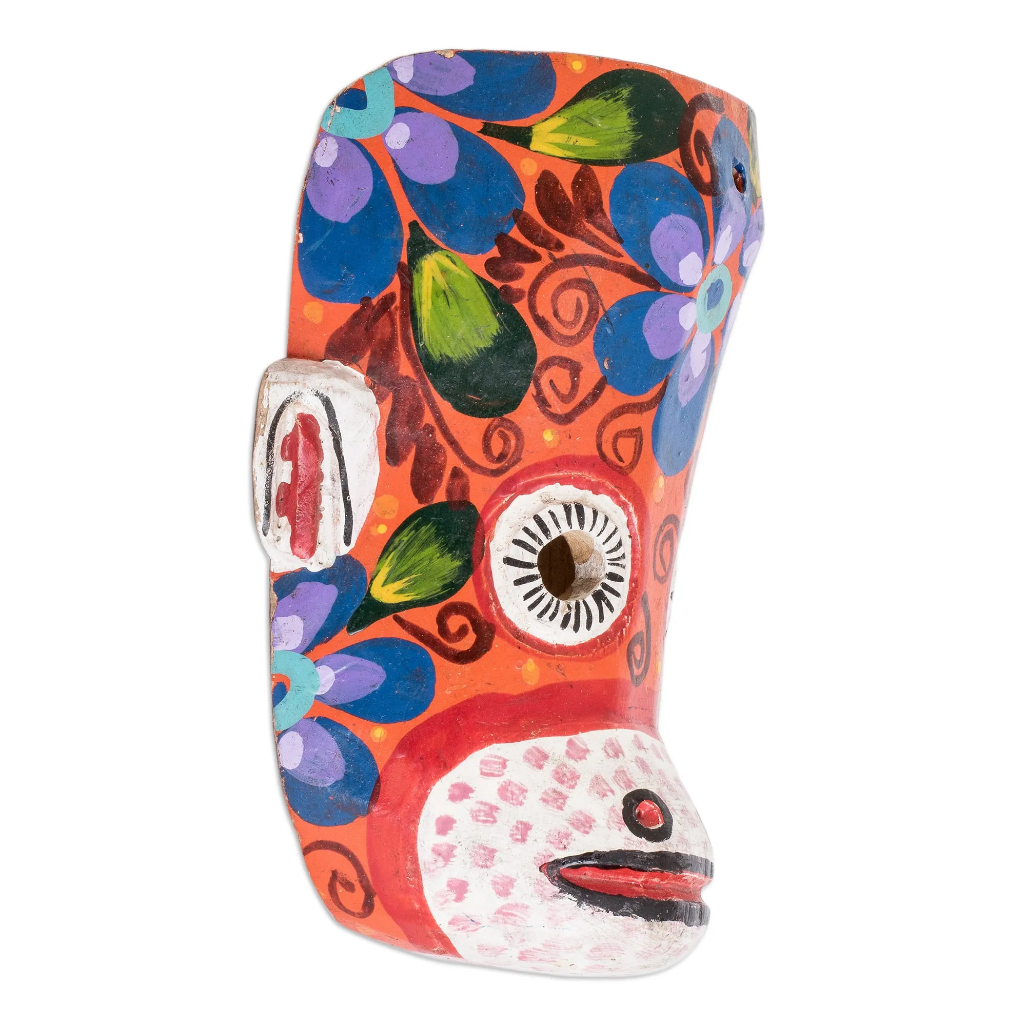 Hand-Painted Floral Monkey Pinewood Mask in Orange - Monkey's Celebration | NOVICA