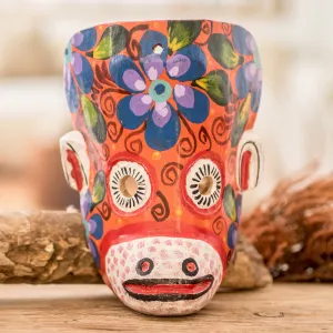 Hand-Painted Floral Monkey Pinewood Mask in Orange - Monkey's Celebration | NOVICA