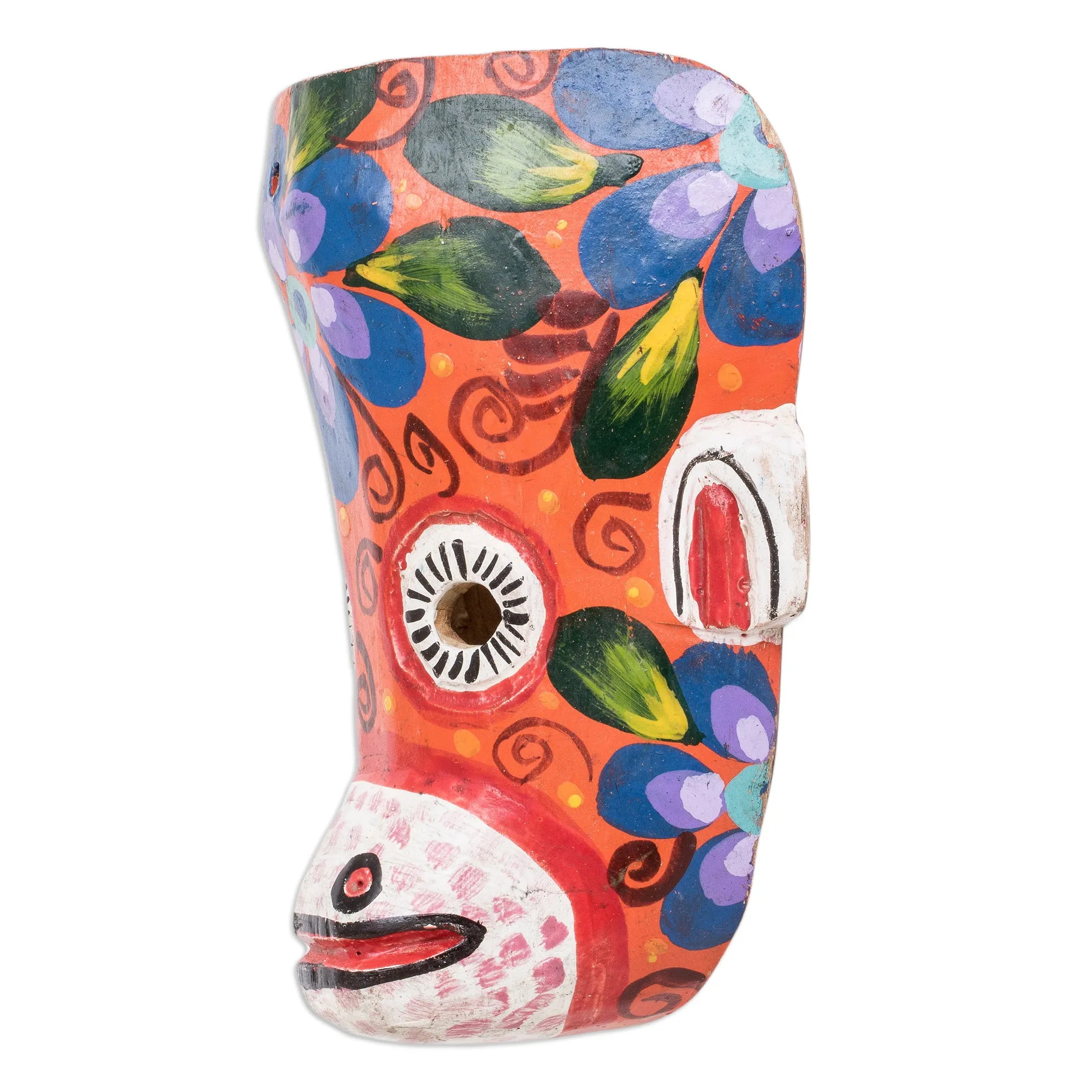 Hand-Painted Floral Monkey Pinewood Mask in Orange - Monkey's Celebration | NOVICA