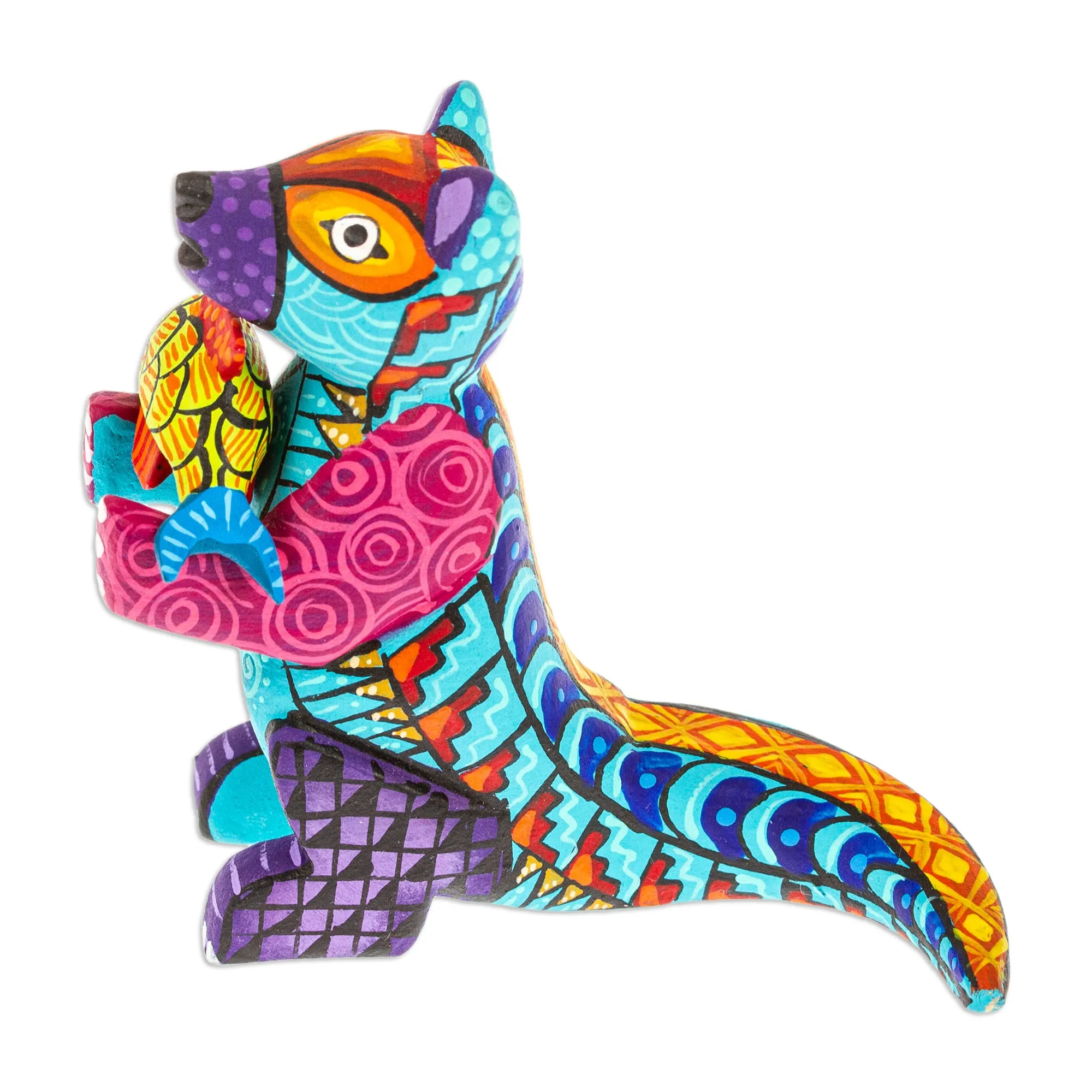 Handcrafted Turquoise Copal Wood Otter and Fish Figurine - Turquoise River Days | NOVICA