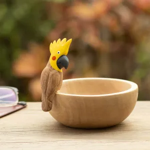 Handmade Cedar Wood Decorative Bowl with a Yellow Cockatoo - Cockatoo Spirit | NOVICA