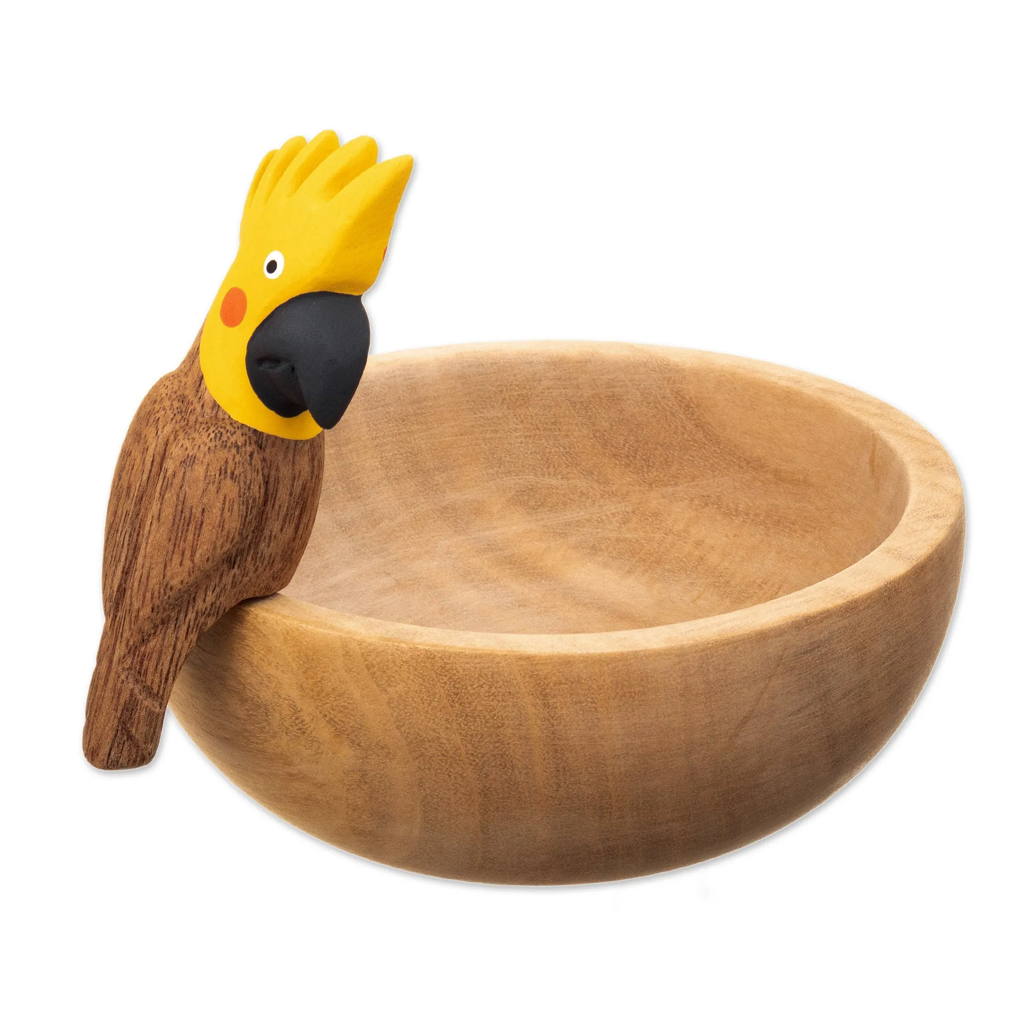 Handmade Cedar Wood Decorative Bowl with a Yellow Cockatoo - Cockatoo Spirit | NOVICA