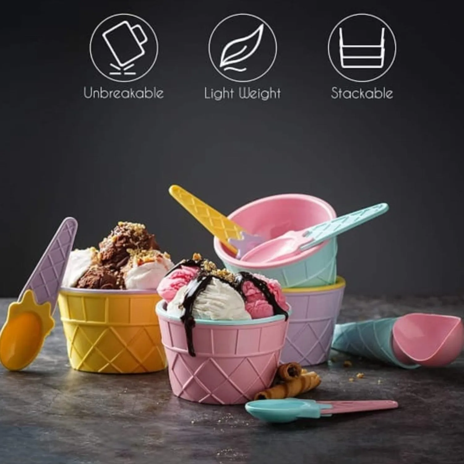 Ice-Cream Waffle Spoon Bowel Cup Set | Premium ice Cream Set | Ice-Cream Bowel with Spoon | 2 units Couple Bowl Set | Brown Box