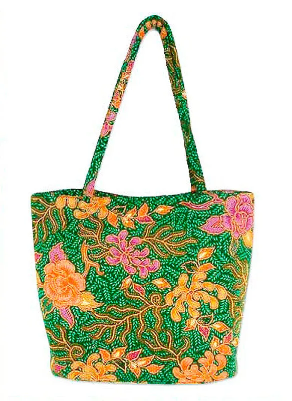 Indonesian Batik and Bead Cotton Tote Bag - Princess Art | NOVICA