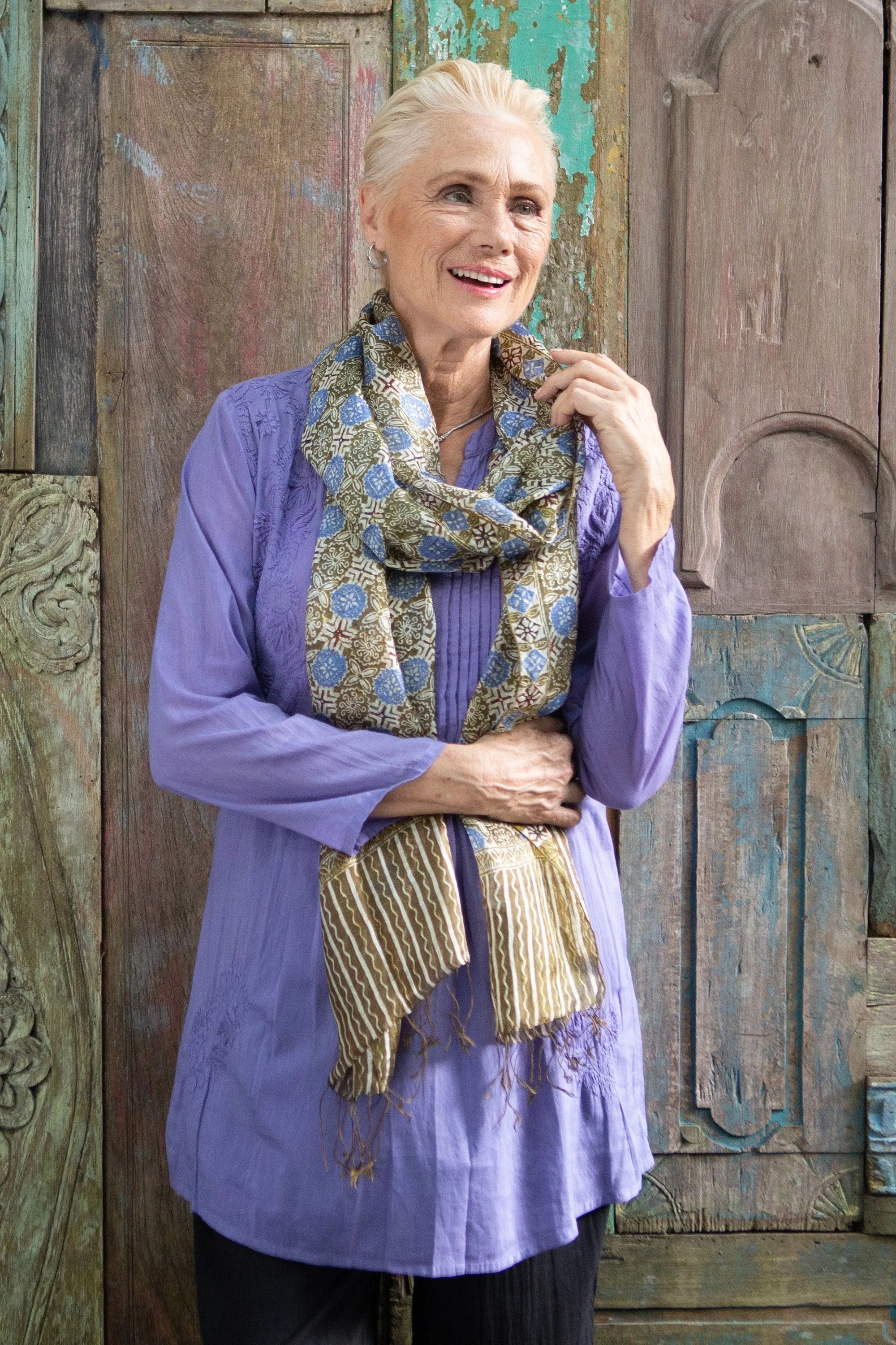 Indonesian Floral Silk Shawl - Blue Floral Stars | NOVICA