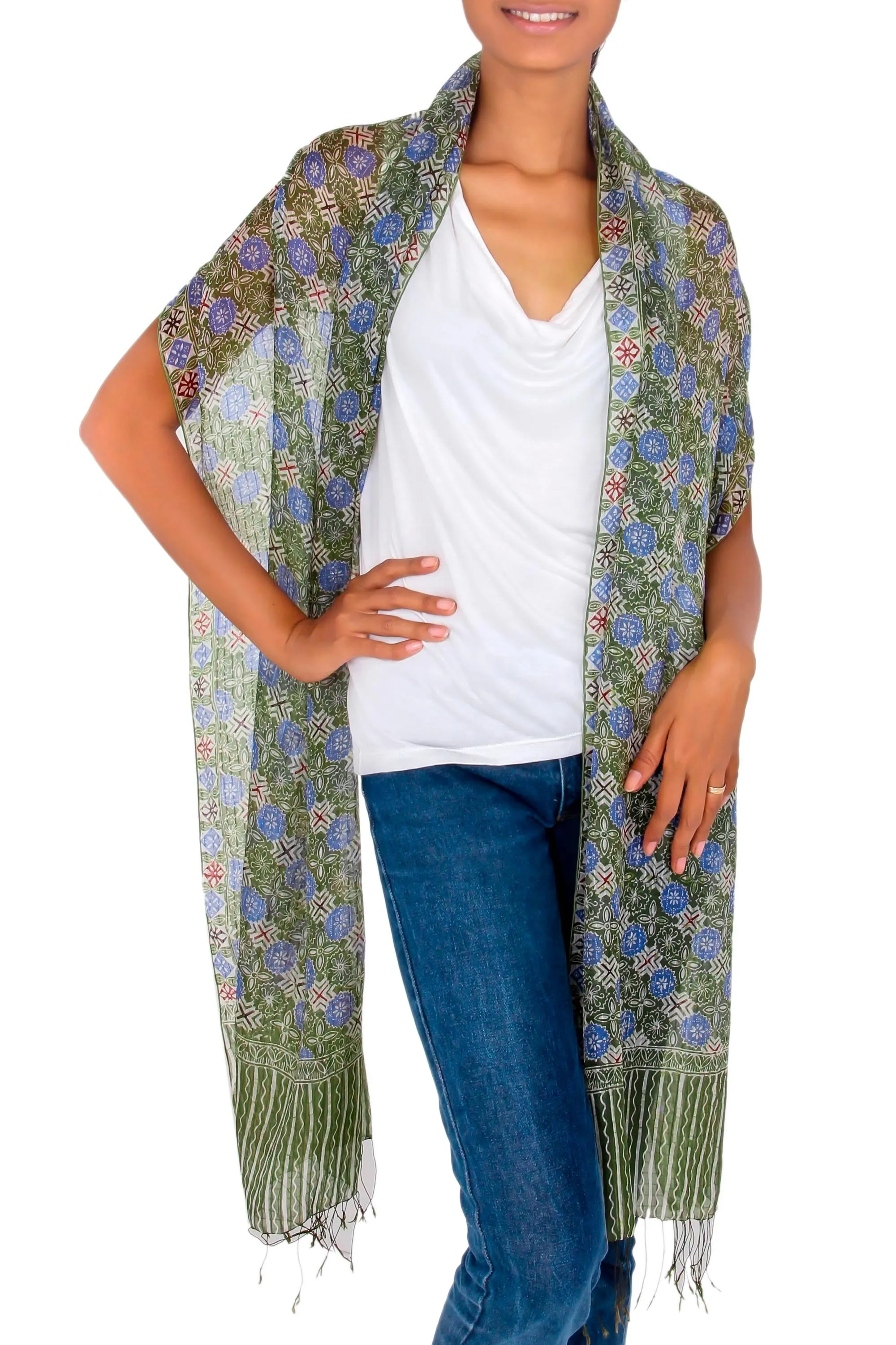 Indonesian Floral Silk Shawl - Blue Floral Stars | NOVICA