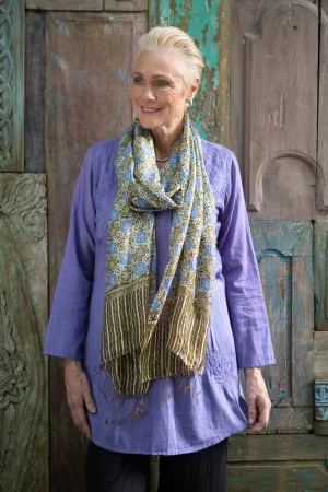 Indonesian Floral Silk Shawl - Blue Floral Stars | NOVICA